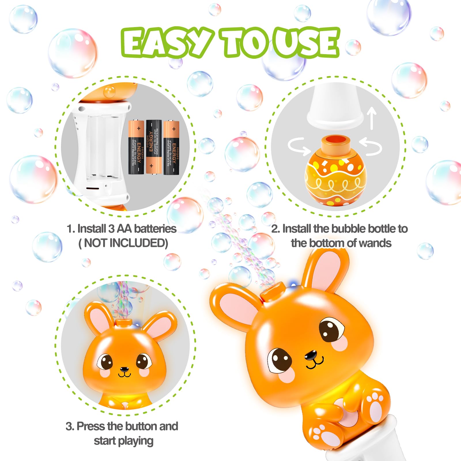 2 Pack Bubble Wands for Kids, Automatic Bubble Blower Machine with Light for Kids Boys Girls, Bunny Bubble Maker with 4 Bubble Solution & Stickers, Summer Outdoor Indoor Activity Easter Gifts - Image 3