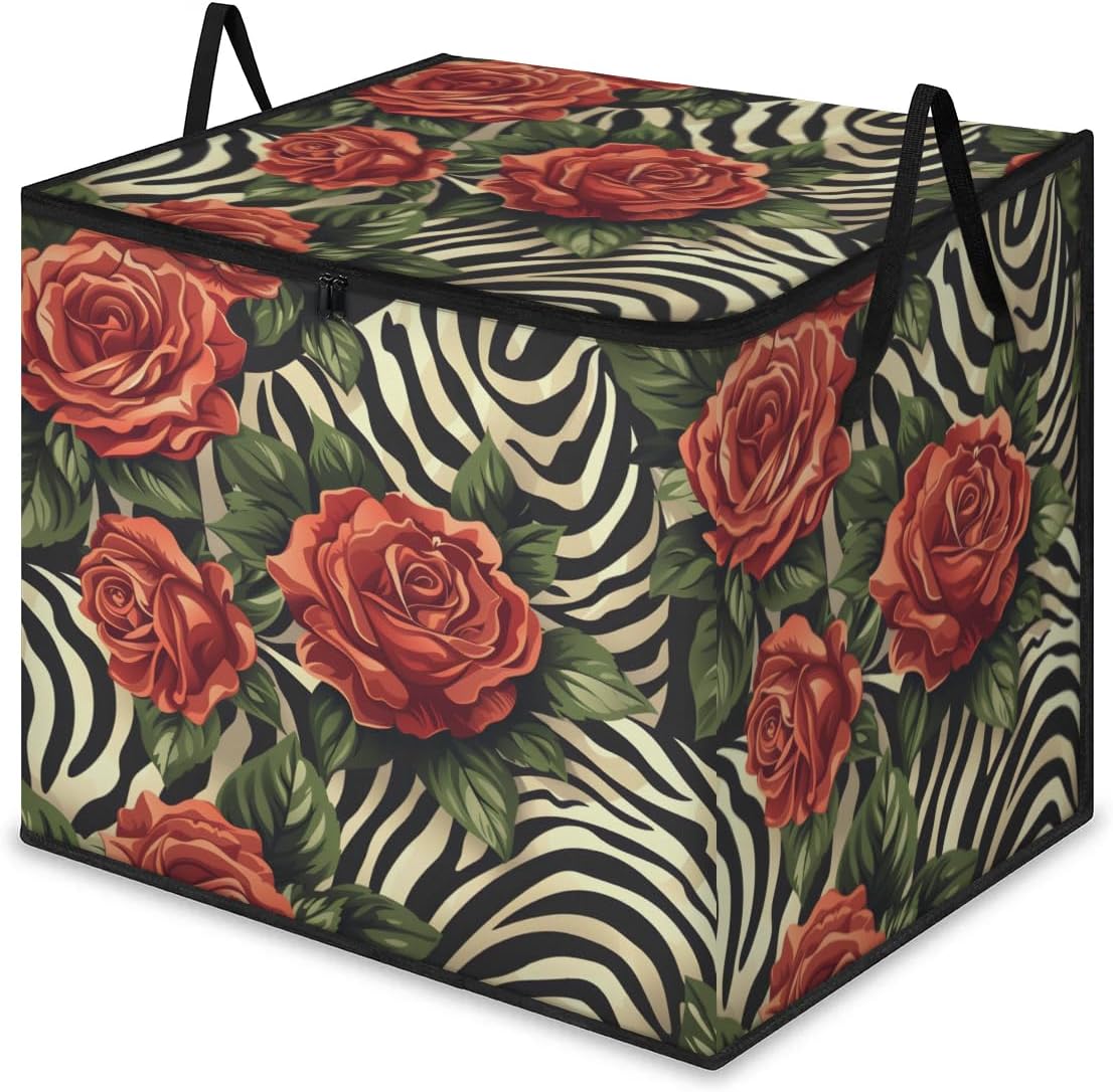 Honeybaby 214L Extra Large Comforter Storage Bag Zebra Pattern Rose Storage Totes with Lids Waterproof Closet Organizer Folding Blanket Storage Bags for Clothes Bedding Pillows