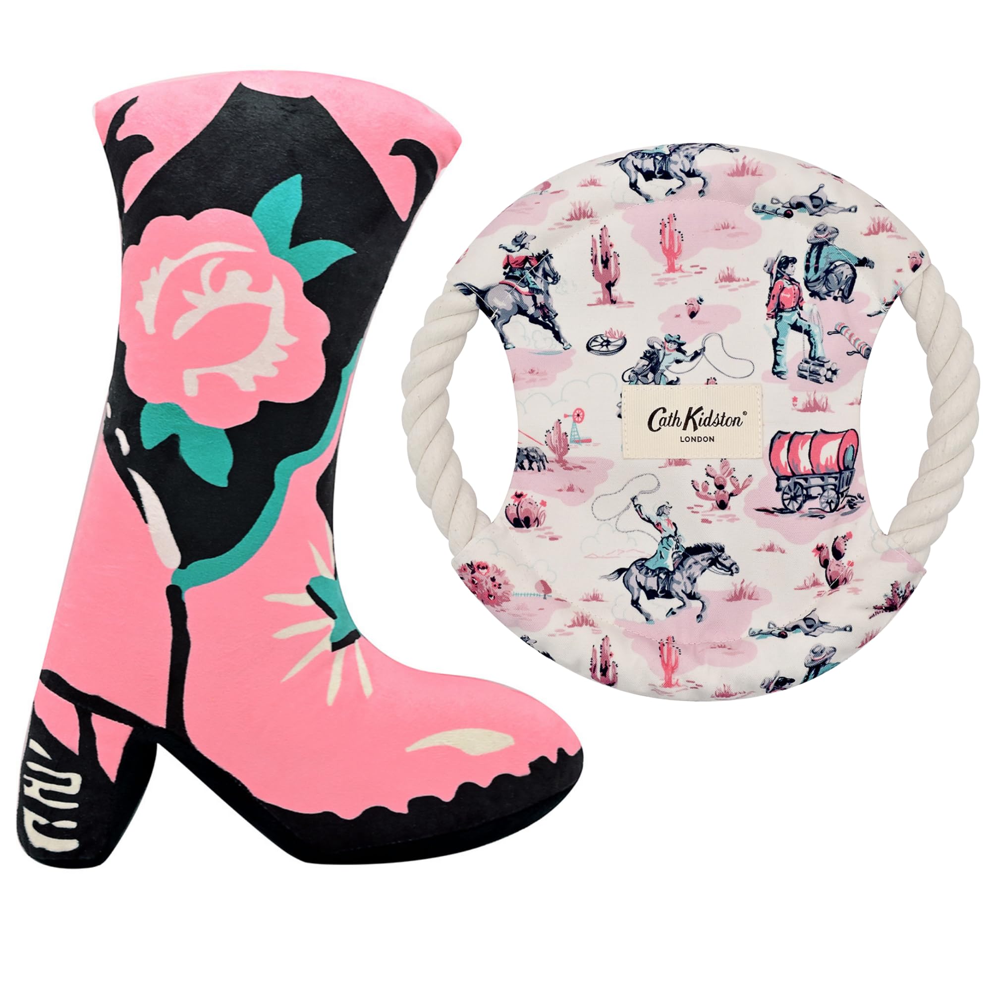 Pet Brands Cath Kidston 2-Pack Squeaky Dog Toys – Rope Disc Canvas Frisbee & Plush Cowgirl Boot Puppy Toy for Interactive Enrichment & Sensory Play