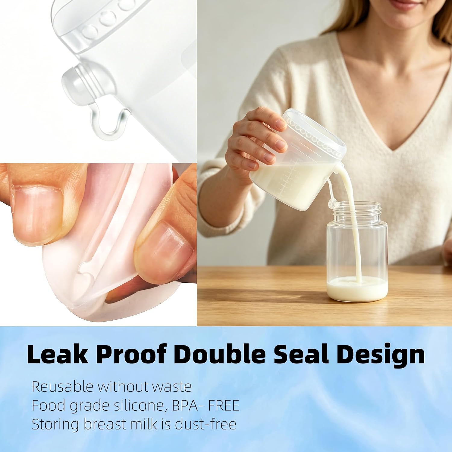 6 Pcs Reusable Silicone Breast Milk Storage Bags freezer with Double-Seal Design 9oz/260ml, BPA Free, One-Piece, Self-Standing Milk Bags for Breastfeeding, Baby Food Pouches