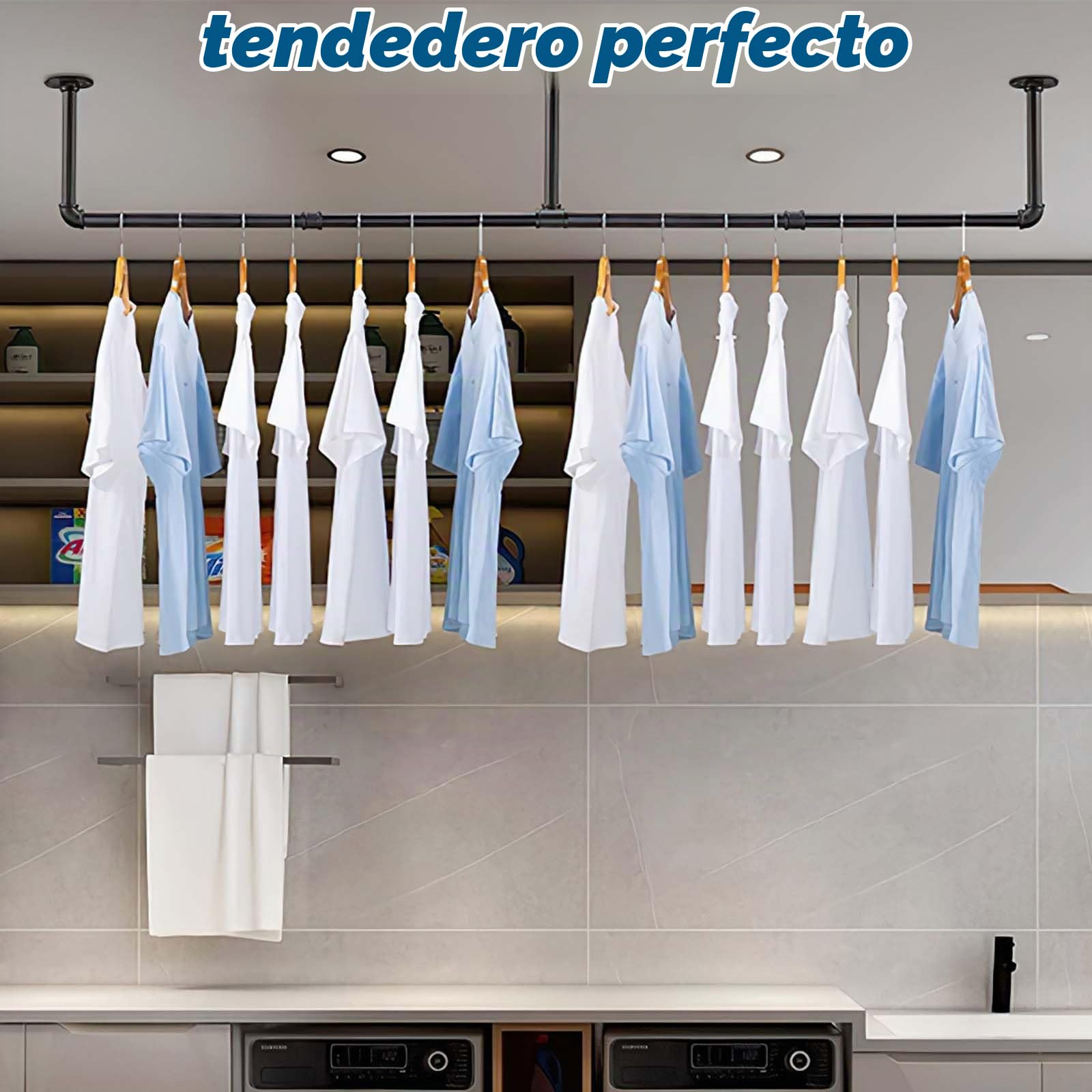 Royouzi Perchero De Pared Industrial Barra Para Ropa de Metal ExtraíBle Montada en la Pared de 184 cm Para Ahorrar Espacio Para Colgar Ropa en el Dormitorio Barra Para Ropa de Tubo Industrial Negro
