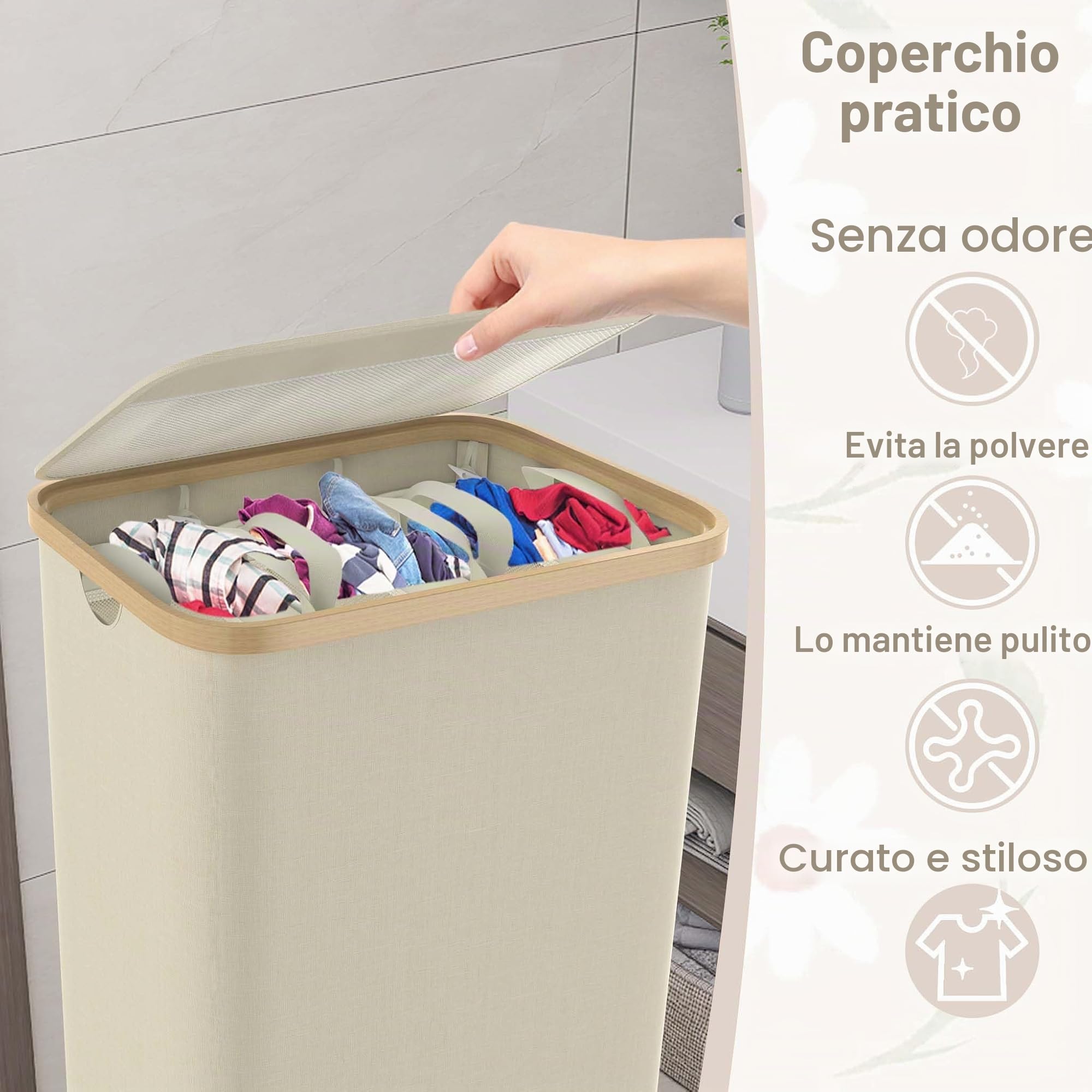 LILIIN 140L Cesto portabiancheria con coperchio, contenitore per biancheria a 3 scomparti, sacco per la biancheria stretto, cesto pieghevole per la biancheria, cesto per la biancheria con manici