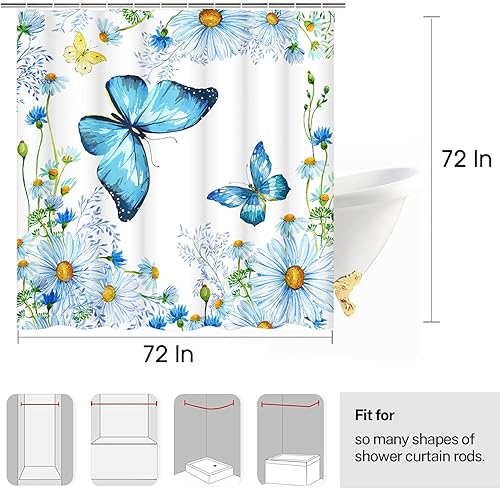 Miniatura 4 de Cortina de ducha de mariposa de 72 x 72 pulgadas, cortina de ducha de flores silvestres azules, margaritas y mariposas, cortina de ducha floral de