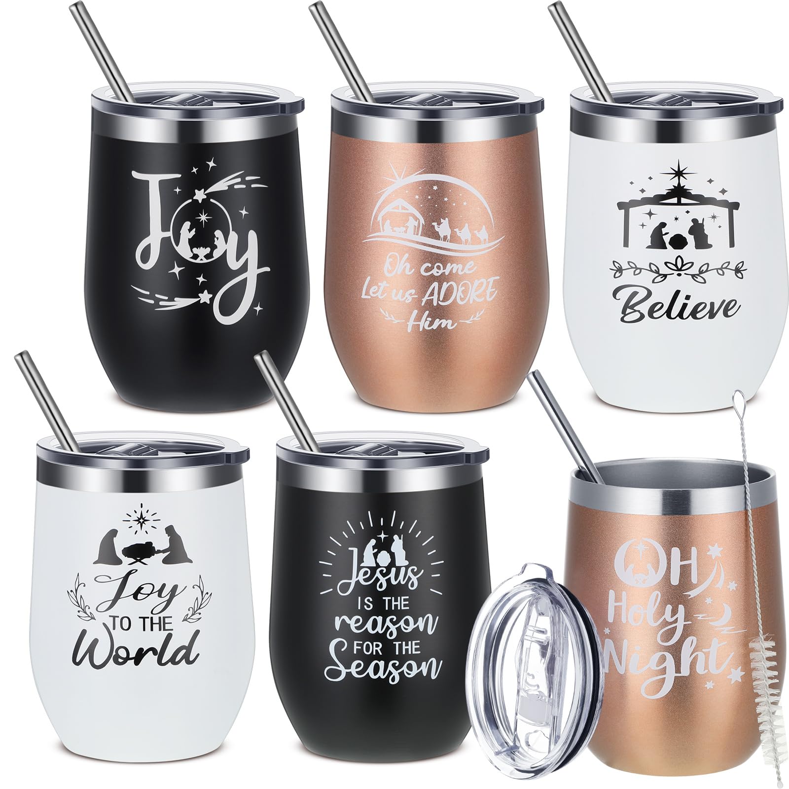 Gejoy Lot de 6 verres à vin de Noël avec couvercle - En acier inoxydable - Motif sapin de Noël - Tasse à café de voyage - Cadeau de vacances pour fête de Noël, mariage, 6 motifs - Crèche de Noël