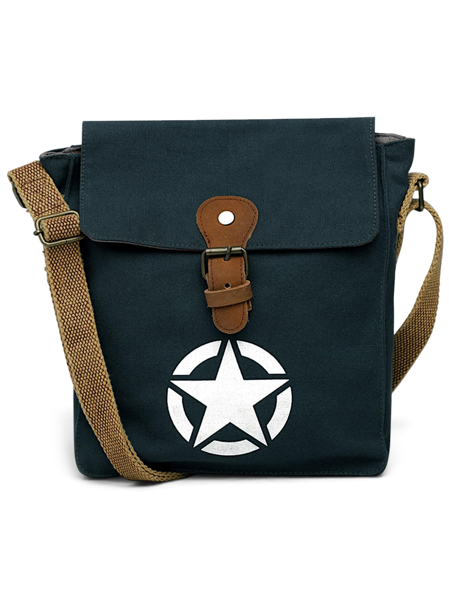 the house of tara Canvas Side Sling Bag For Men & Women | Compact Messenger bag with Leather Strap on flap closure, Adjustable Shoulder Strap & Snap buttons | Casual bag for Office & Travel (Blue)-picture-41