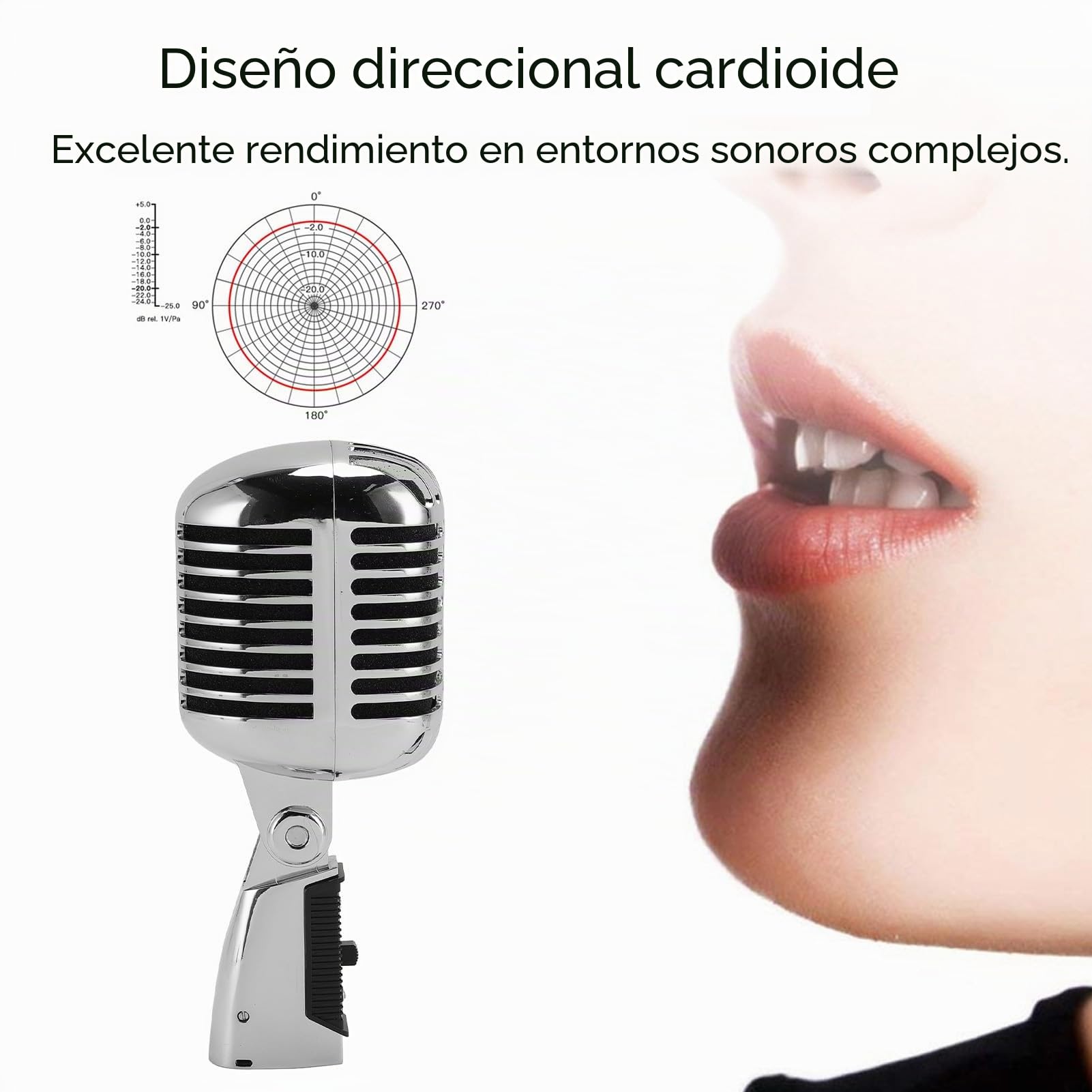 Micrófono Vintage, Micrófono Profesional para Cantar, Estante Giratorio Autotensor de Aleación de Zinc, Micrófono Vocal Dinámico Retro (Silver)