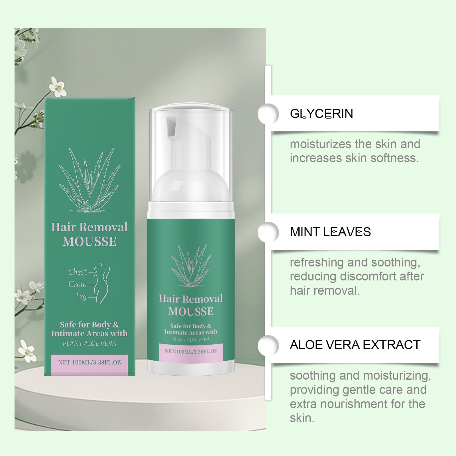 Aloe Vera pianka do depilacji włosów, delikatna i bezbolesna pianka do depilacji ciała, twarzy i okolic intymnych, szybko działający, nawilżający i nieklejący (8 szt.)