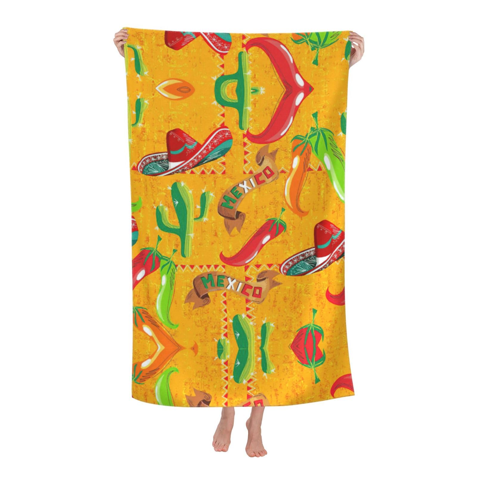 Oazcvbnn Women's White Cactus Hat And Chili Pepper Print Adult Beach Towel Summer Travel Pool Vacation Swimming Fitness Outdoor Adventures