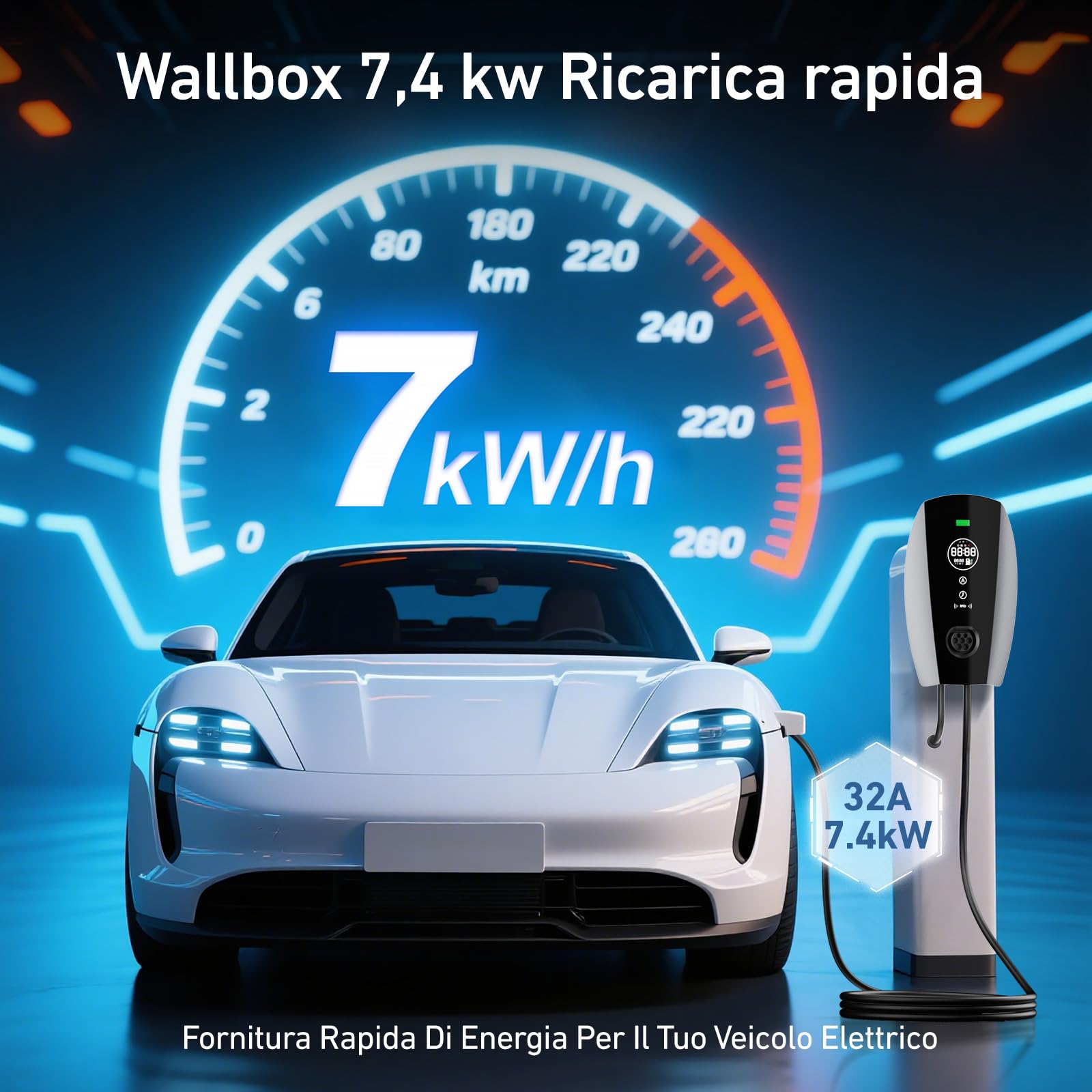 Evjuicion Wallbox 7,4 kw Tipo 2 | 6A-32A | 0-12H | Monofase Colonnina Ricarica Auto Elettrica Rapida con RFID e Display LED Stazione di Ricarica Veicoli Elettrici con 5 Metros Cavo Tipo 2