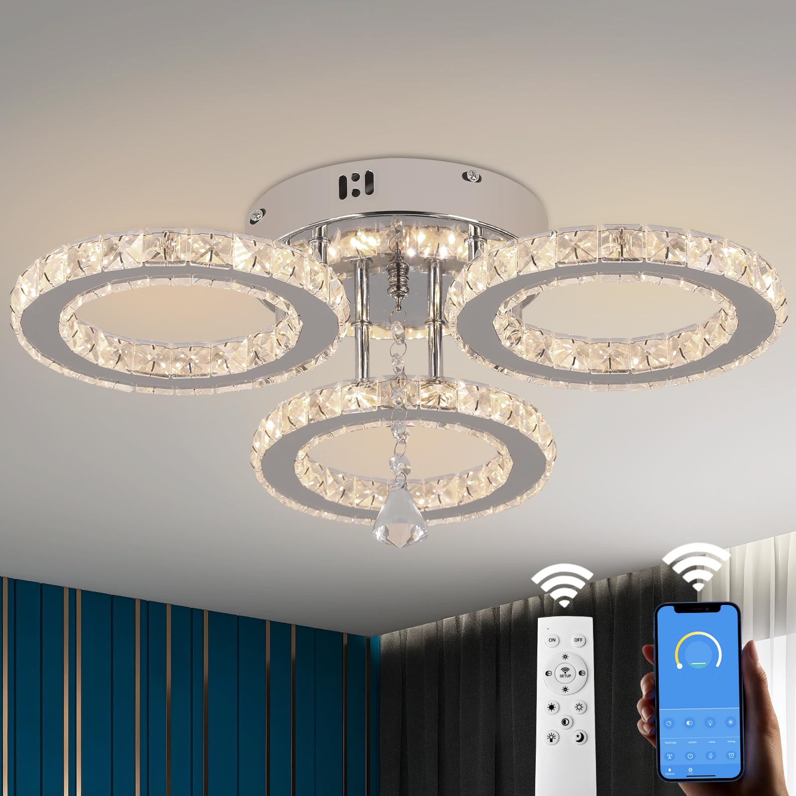 VETRULUS Nowoczesna Lampa Sufitowa LED, Ściemniająca się z Pilotem, Kryształowy Żyrandol do Salonu, Sypialni, Kuchni