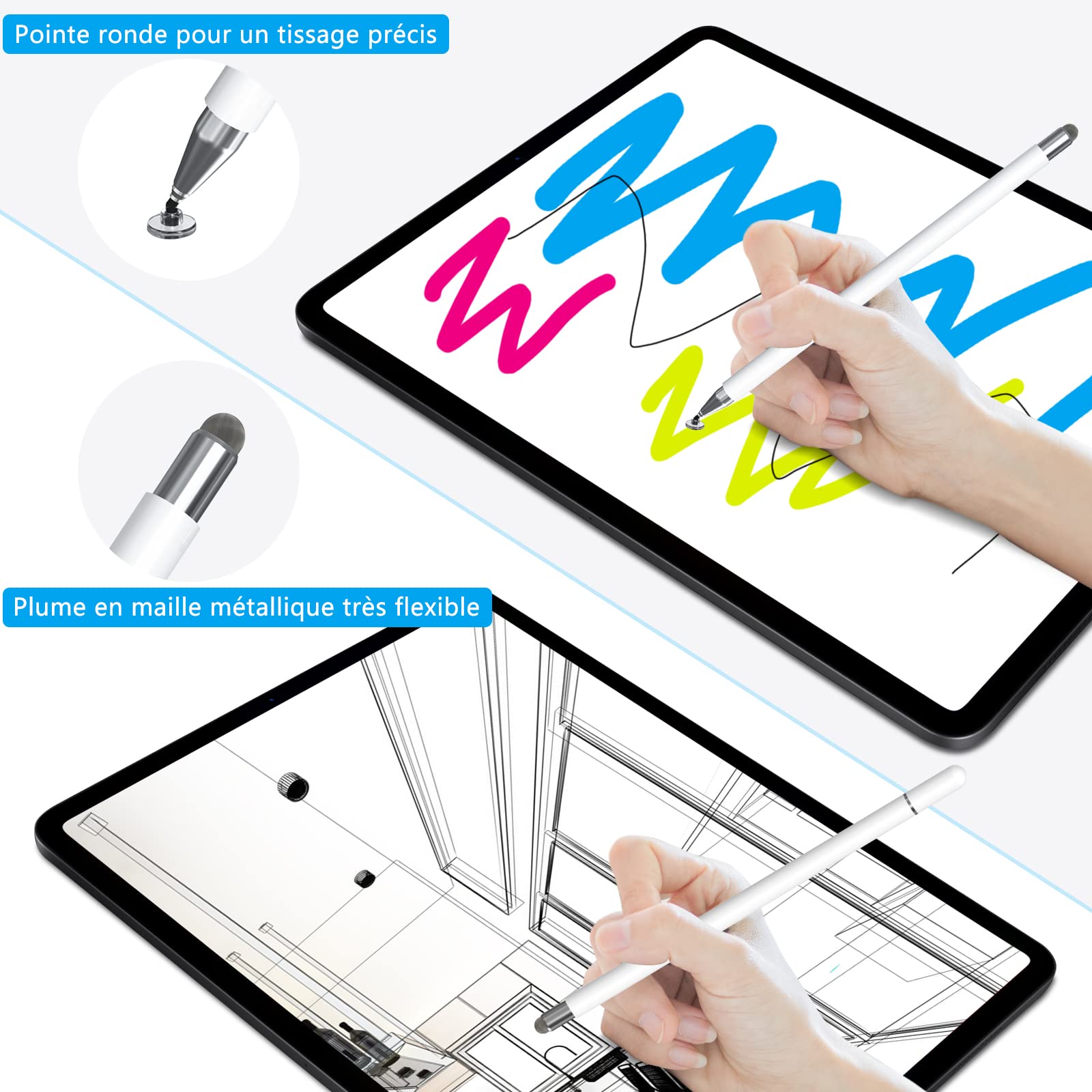 Stylet Tablette, 2 en 1 Stylet Tactile Pencil Compatible avec Toutes Les Tablettes et Smartphones, iPhone, iPad, Samsung, Lenovo, Surface, Huawei, Xiaomi, Android, iOS, etc.