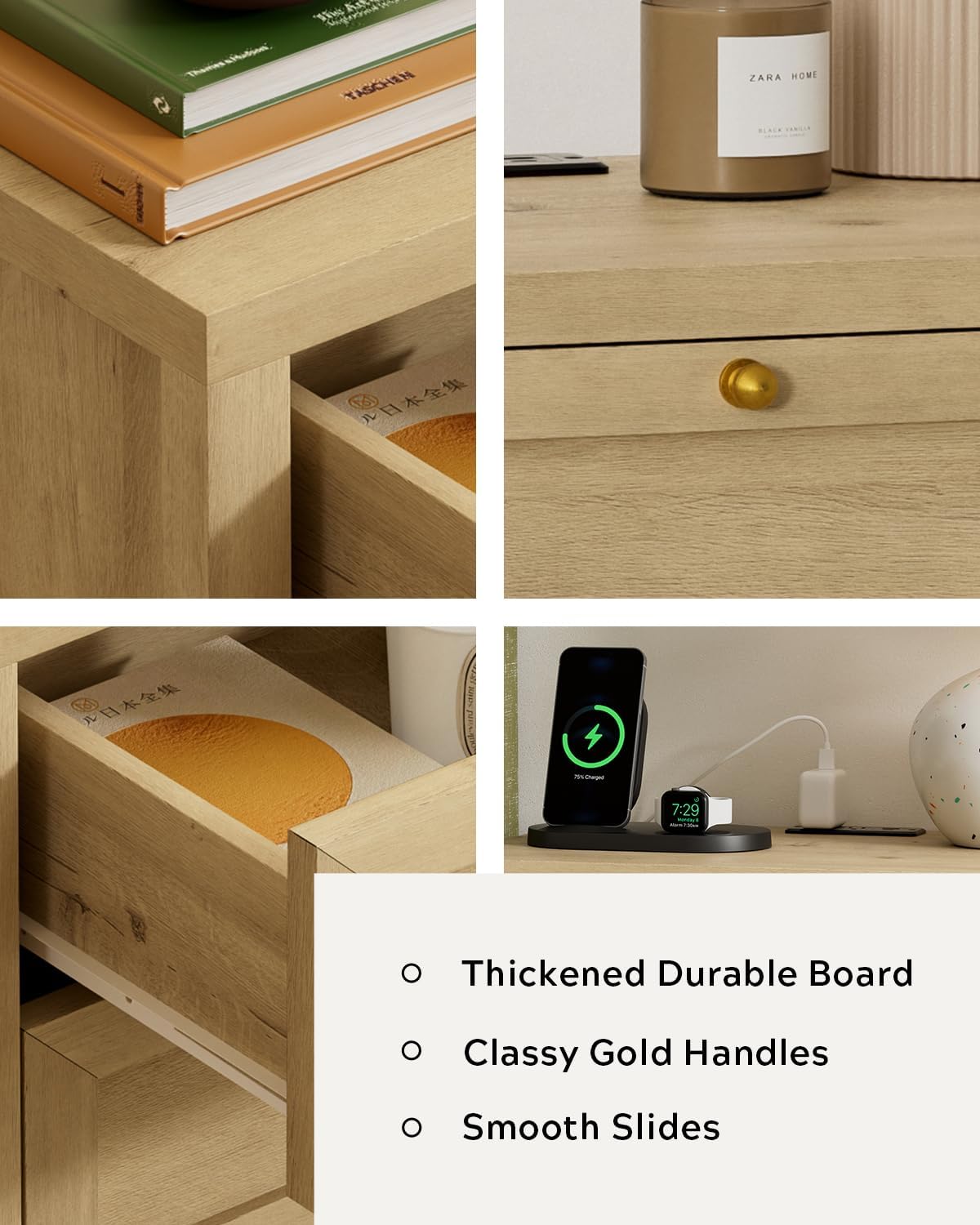 Farmhouse Nightstand with 3 Drawers Larger Night Stand with Charging Station Tall Bed Side Table Wide Nightstands End Table for Sofa, Bedroom, Living Room, Light Oak