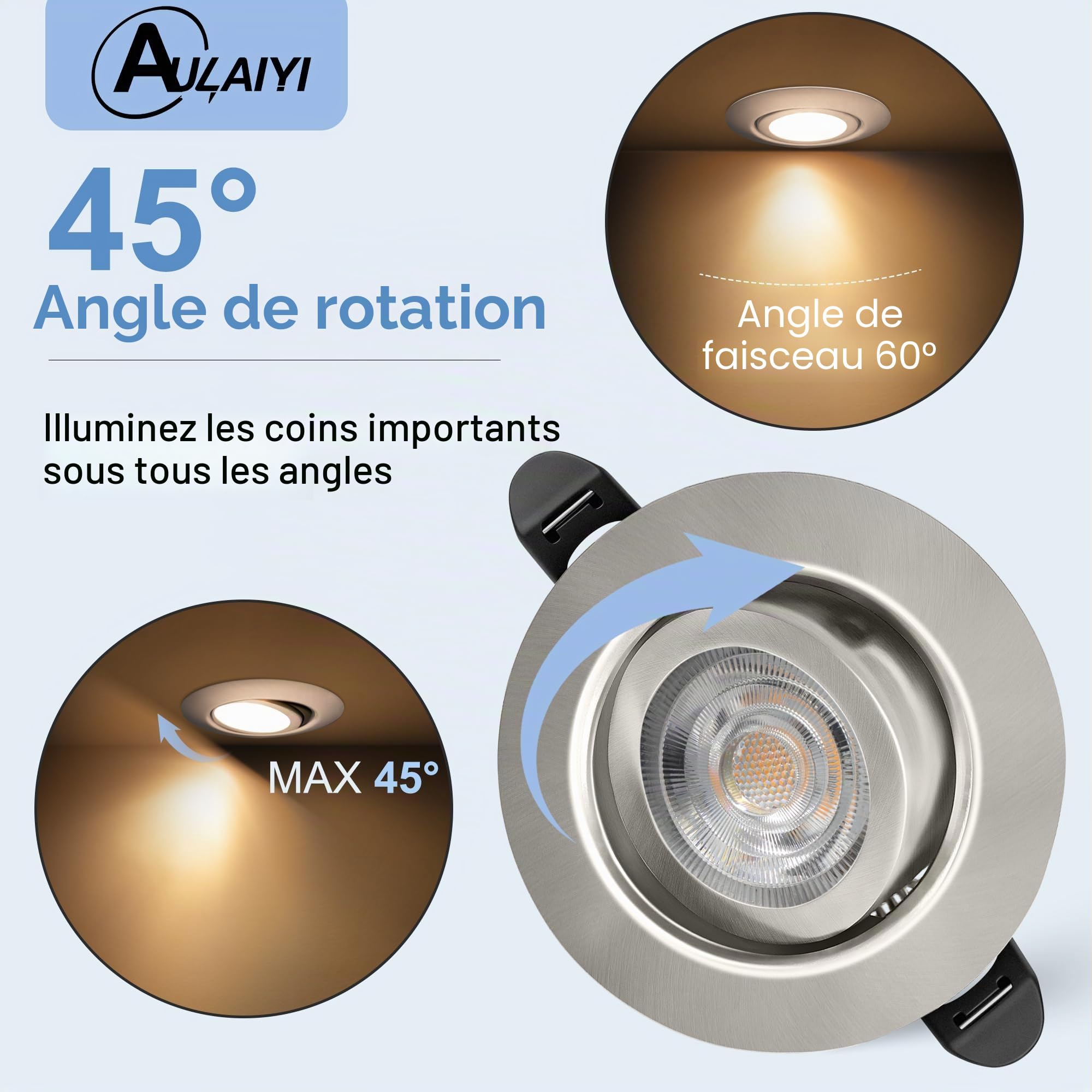 Spot LED Encastrable Dimmable 220V, 5.5W 600LM IP44 Spots LED Encastrable Extra Plat 68mm, 45° Orientable Spots de Plafond 2700K Blanc Chaud Spot Salle de Bain, Nickel Brossé Lot de 6