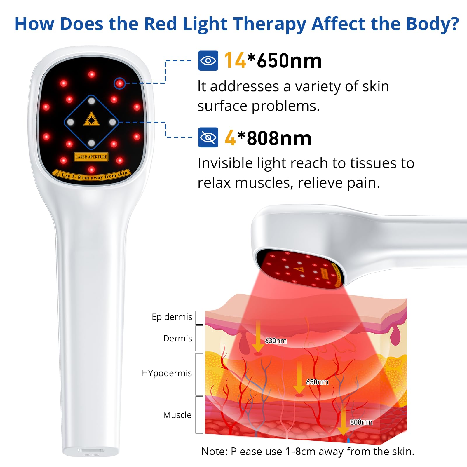 Rotlicht Therapiegerät, Handgerät Kalte Laser mit 5-30mins Timer Einstellbarer Leistung, Gelenk- und Muskelpflege (4 * 808nm+14 * 650nm) für Haustiere & Menschen, Red Light Therapy