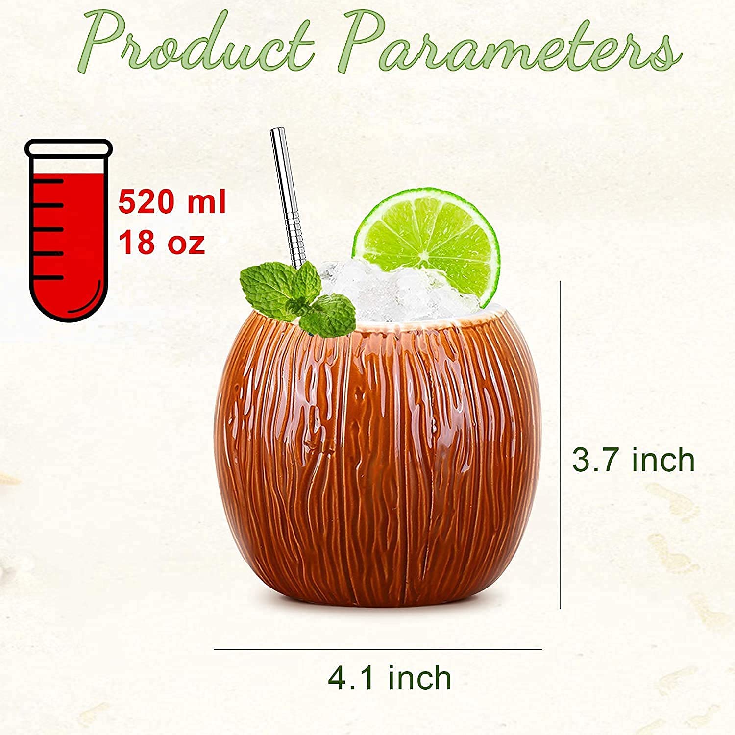 SuproBarware - Juego de 4 tazas de cóctel tropical de cerámica Tiki para bebidas exóticas y cócteles hawaianos, diseño de coco, ambiente festivo y verano
