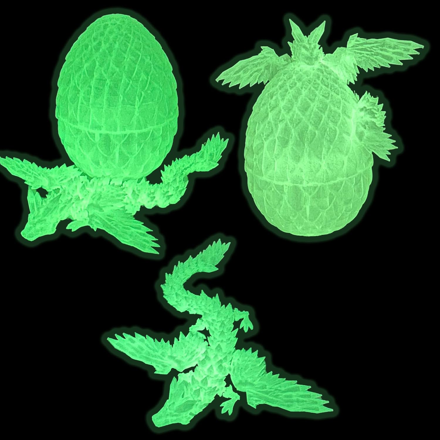 3D Printed Flying Dragon in Egg - 9" Flexible Winged Crystal Dragon Inside, Colorful Fidget Toy, Birthday Gift, Desk Pet, Executive Toy Figure (Glow Green)