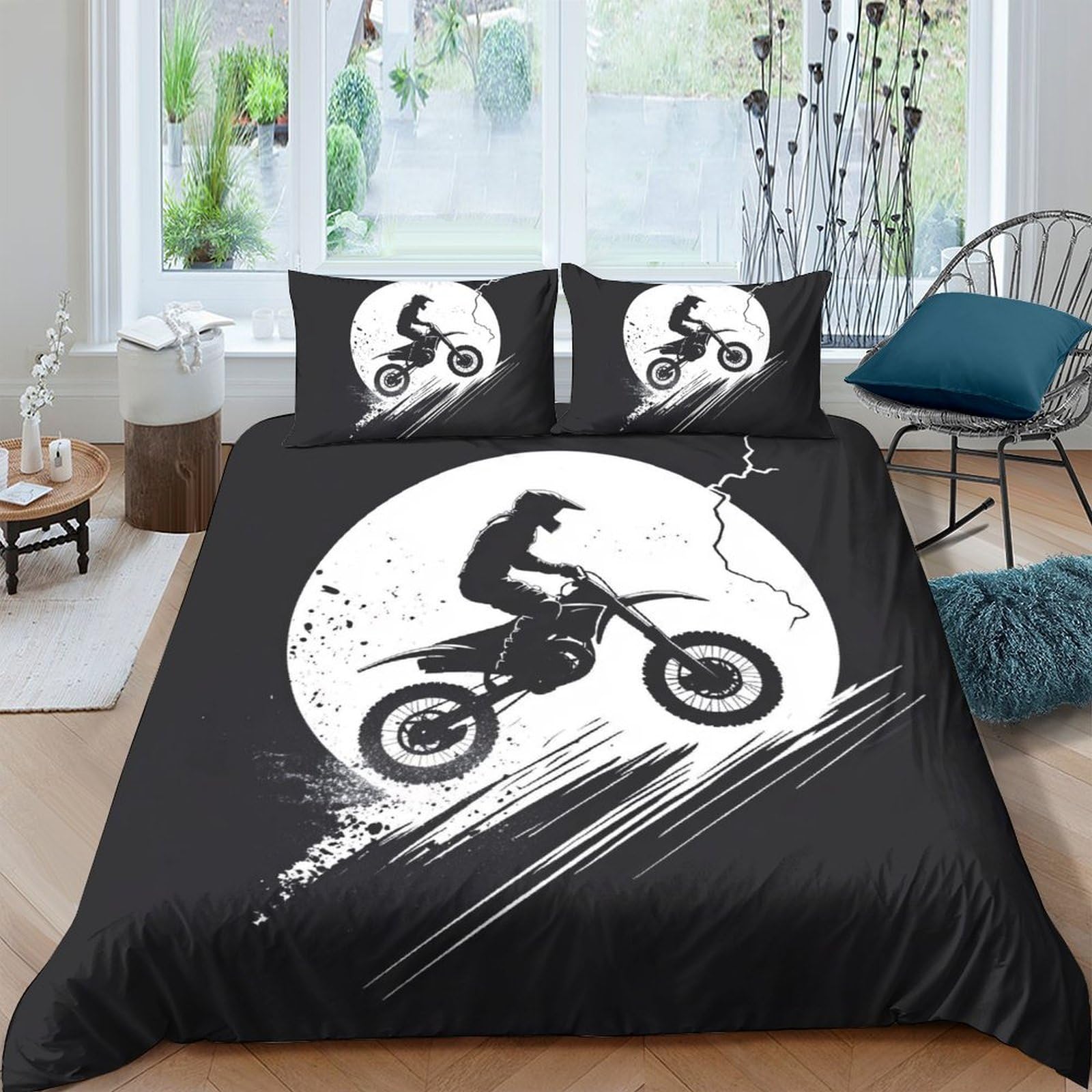 GPLZQXKJNH 3D Printed Motocross Moon Duvet Cover Set Microfiber Soft Breathable Dirt Bike Quilt Cover with 2 Pillowcases for Bedroom Decor Single（135x200cm）