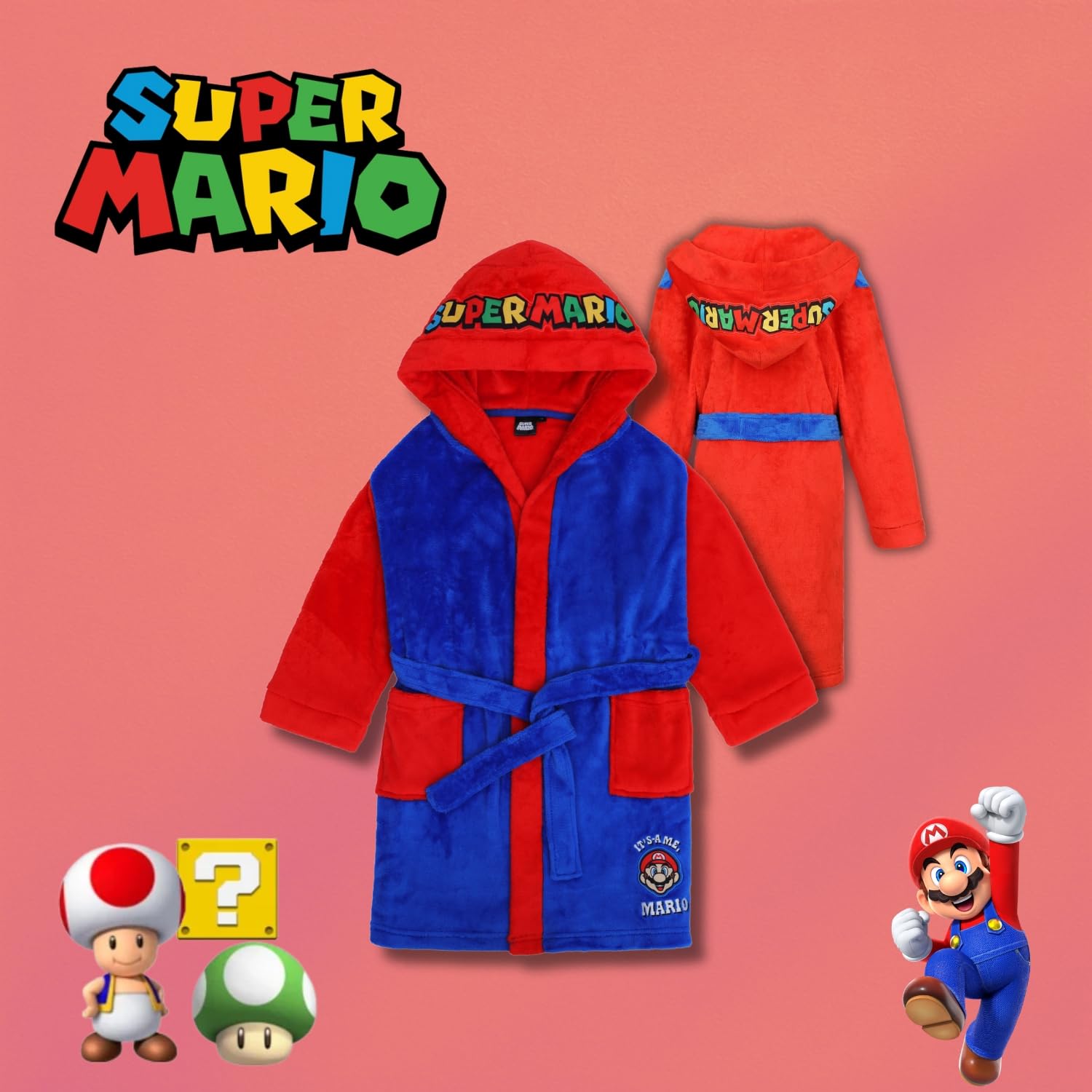 Super Mario Accappatoio per bambini, in pile coral con cappuccio, con logo, ragazzo, ragazza