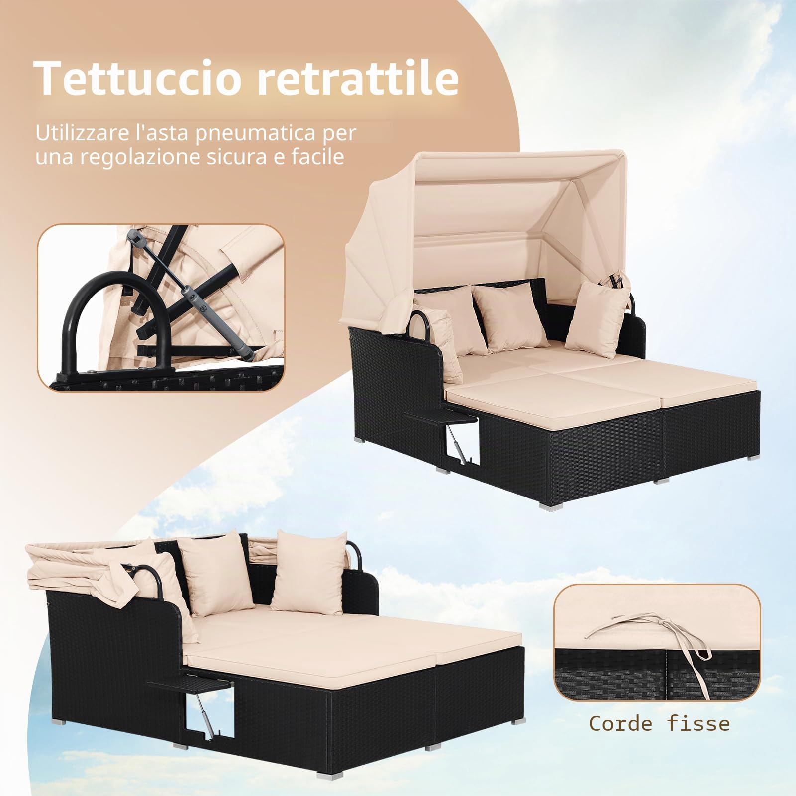 GIANTEX Lettino da Esterno in Rattan, Set di Divani da Patio con Tettuccio Retrattile e 2 Tavolini, Lettino da Esterno con Morbidi Cuscini e Ampia Superficie di Sdraio, 3 Colori (Beige)