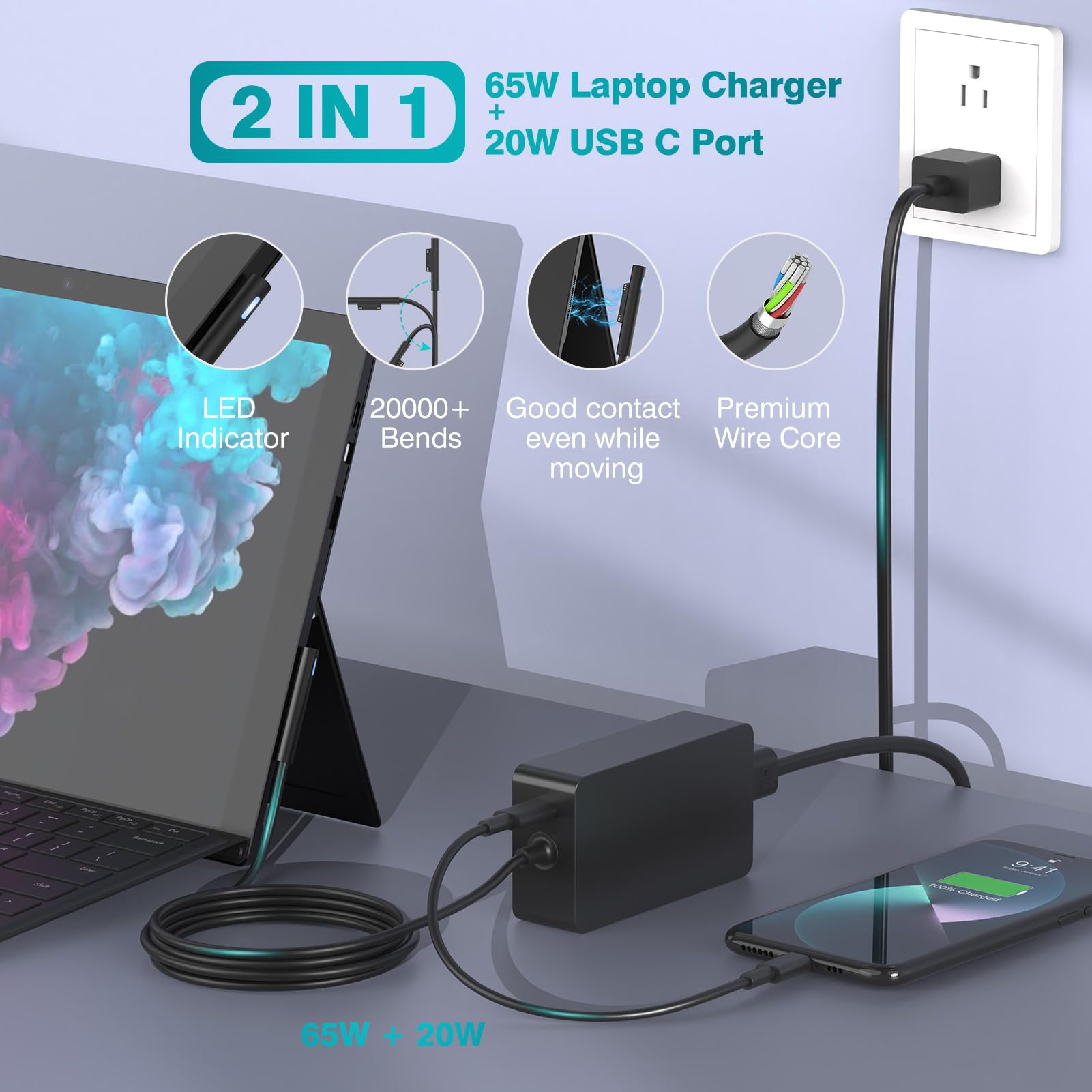 Surface Pro Charger for Microsoft Surface Pro 9, 8, 7+, 7, 6, 5, 4, X, Windows Surface Laptop 5, 4, 3, Studio, Surface Go, Surface Book 3, 2, 1, 65W Surface Laptop Charger + 20W USB C, LED, 10FT