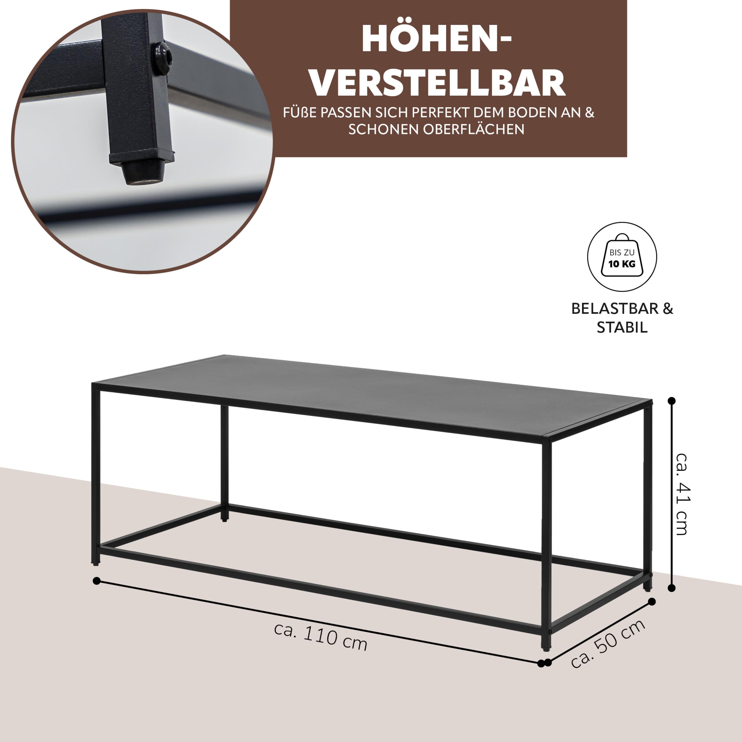 eluno Couchtisch, Wohnzimmertisch, Beistelltisch im modernen Industrie-Design - für viele Wohnbereiche geeignet, Pflegeleichte und Kratzfeste Oberfläche, aus schwarzem Metall 110 x 41 x 50 cm