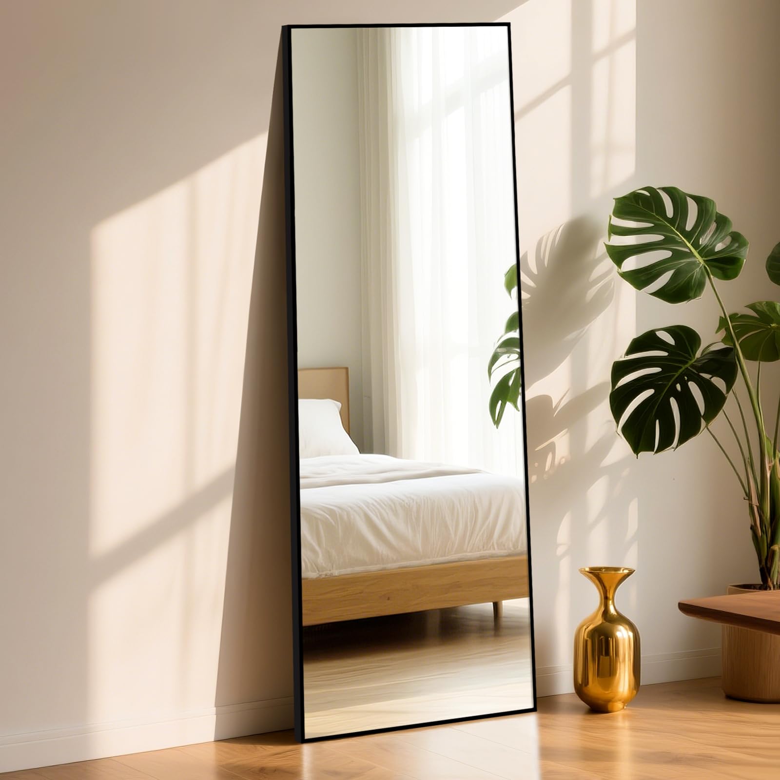 ABXMAS Durable Full Length Mirror with Black Square Aluminium Frame 163x53cm, Protective Edge Tempered Glass Floor Mirrors 64"x21", Wall Mirror for Living Room Bedroom Dressing Room