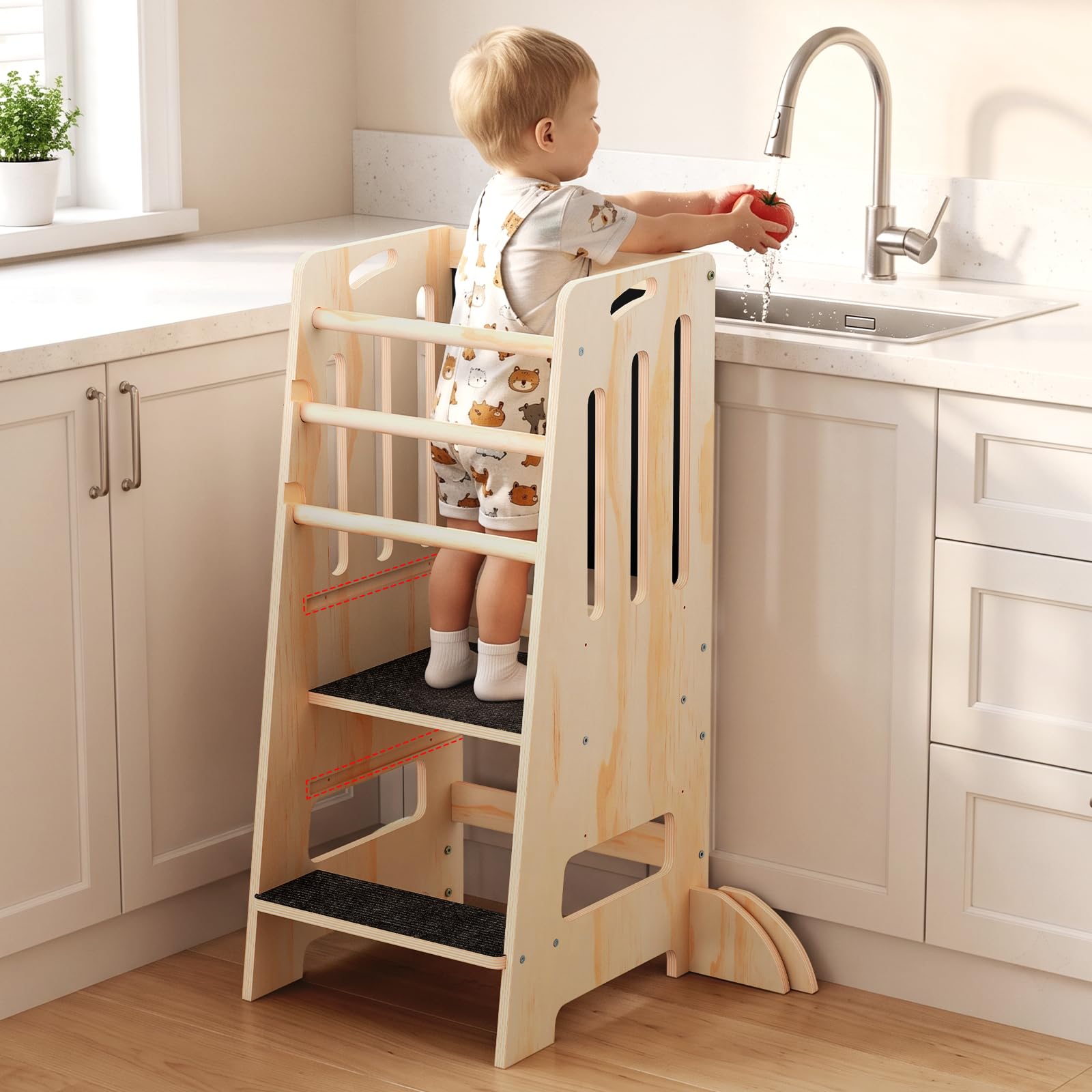Toddler Tower Kitchen Helper Adjustable Height, Toddler Kitchen Stool with Blackboard, Super Stable Learning Tower with Safety Rails &amp; Soft Non-Slip Pads, Wooden Kids Step Stool(Natural)