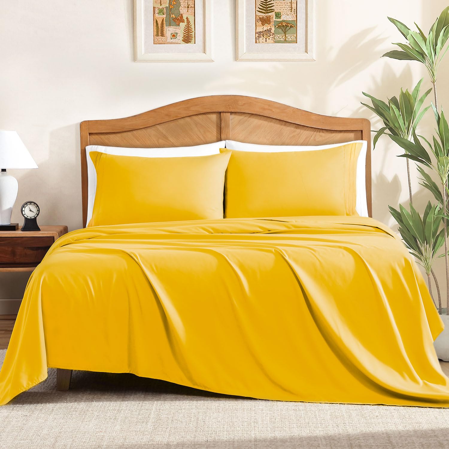 ClevaHome Queen Sheet Set, 4-Piece Bed Sheets for Queen Size Bed, Lightweight & Super Soft Easy Care Microfiber– Shrinkage & Fade Resistant Bedding Set with 14'' Deep Pockets (Mustard)