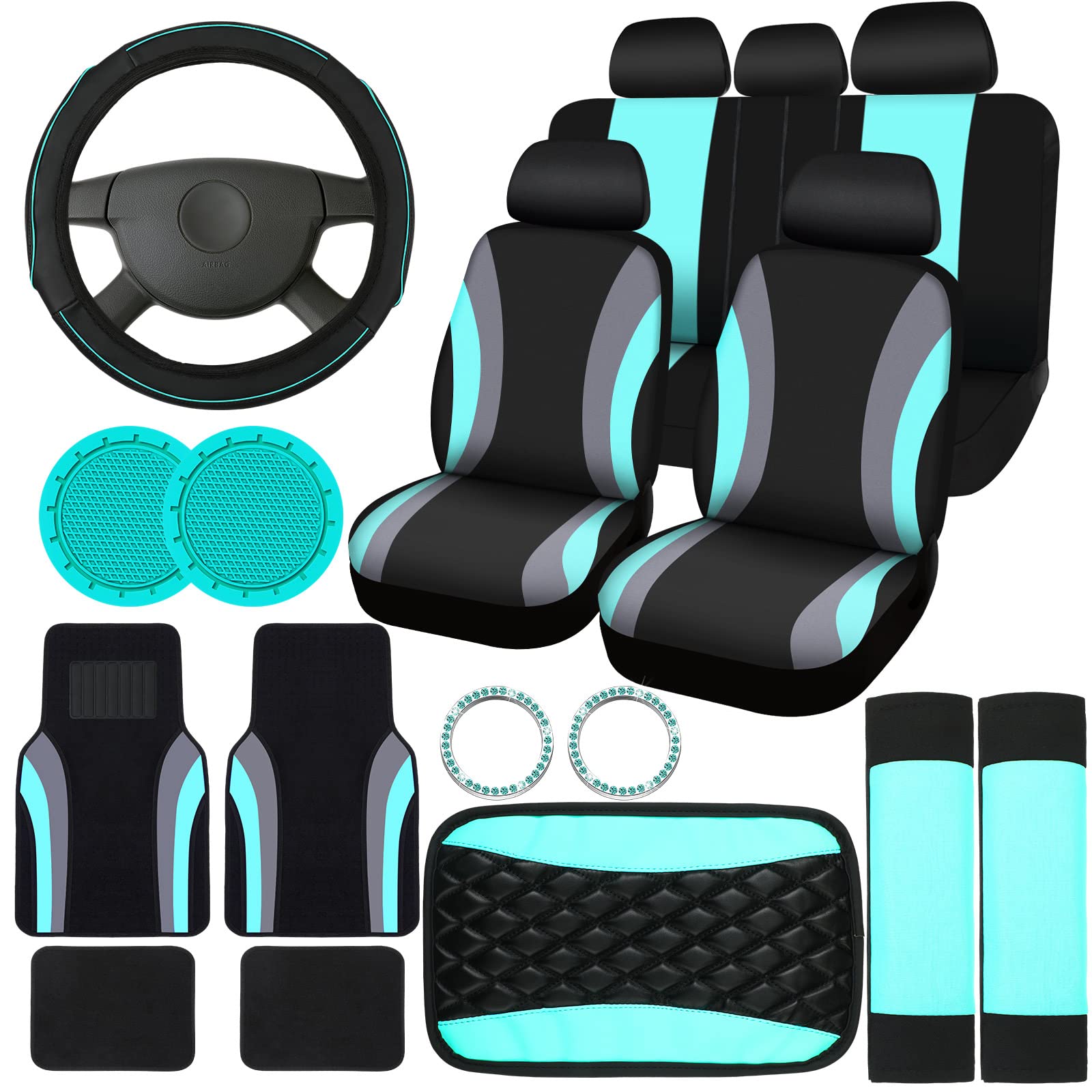 fabbay 21 pcs car seat covers full set car floor mats steering wheel cover armrest cover seat belt pad seatbelt covers cup mats car emblem ring sticker for sedans trucks suv (black, mint)