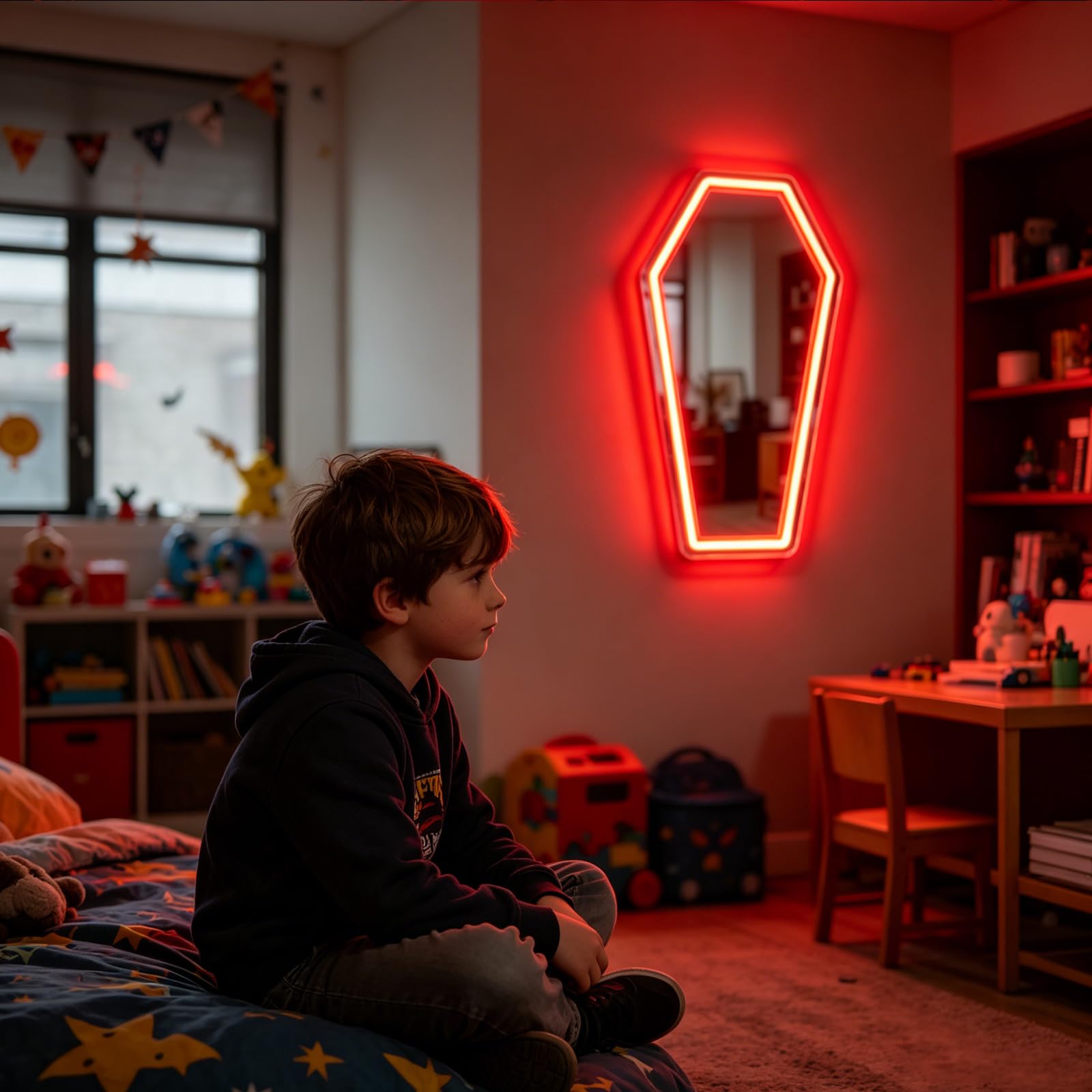 Neonowe znaki z lustrem trumny, ściemniane, zasilane przez USB, gotyckie światła LED, motyw nagrobka, dekoracja, trumna, LED, lustro, znak dla miłośników gotyckich, na stół, gotycki, Halloween