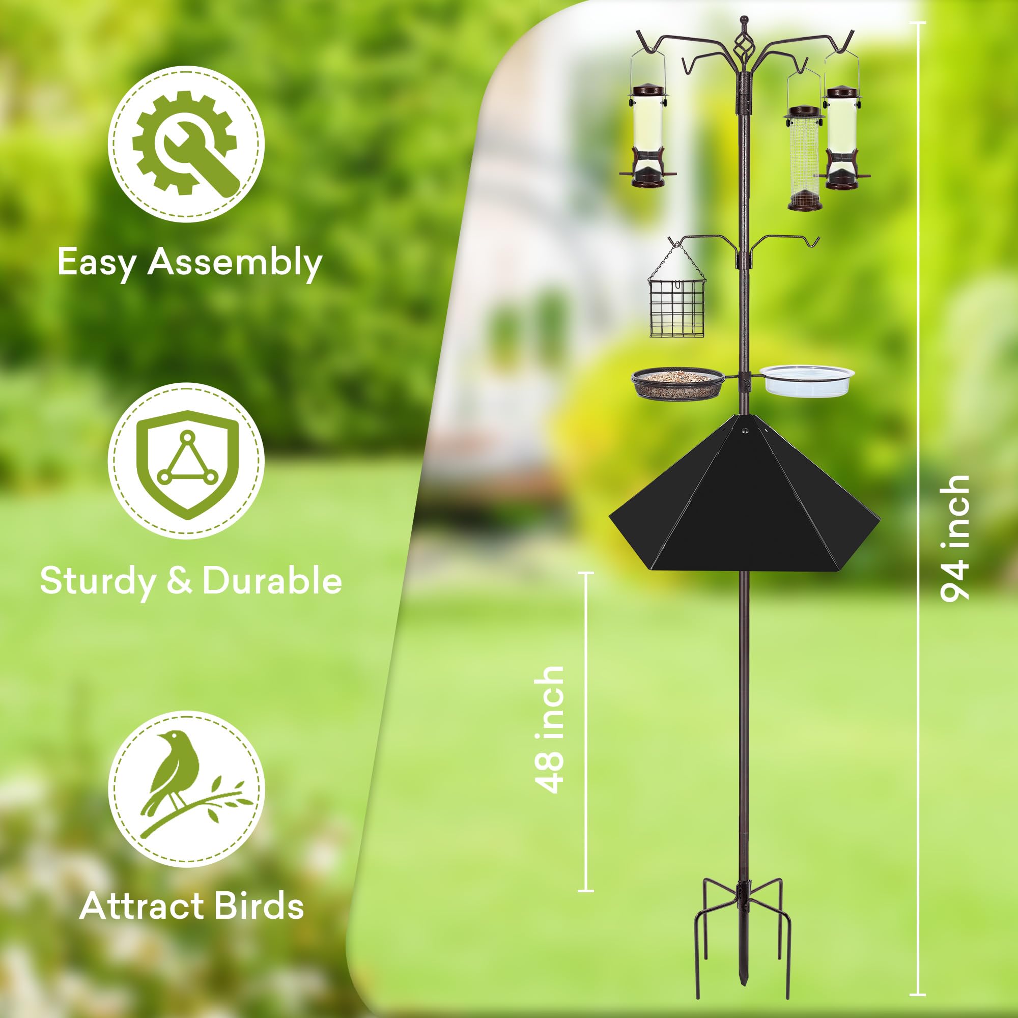 YINGYM Kit de estación de alimentación para pájaros de 6 ganchos, poste de soporte resistente de 94 pulgadas para colgar al aire libre con 4 comederos, deflector ancho de ardilla, atraer pájaros