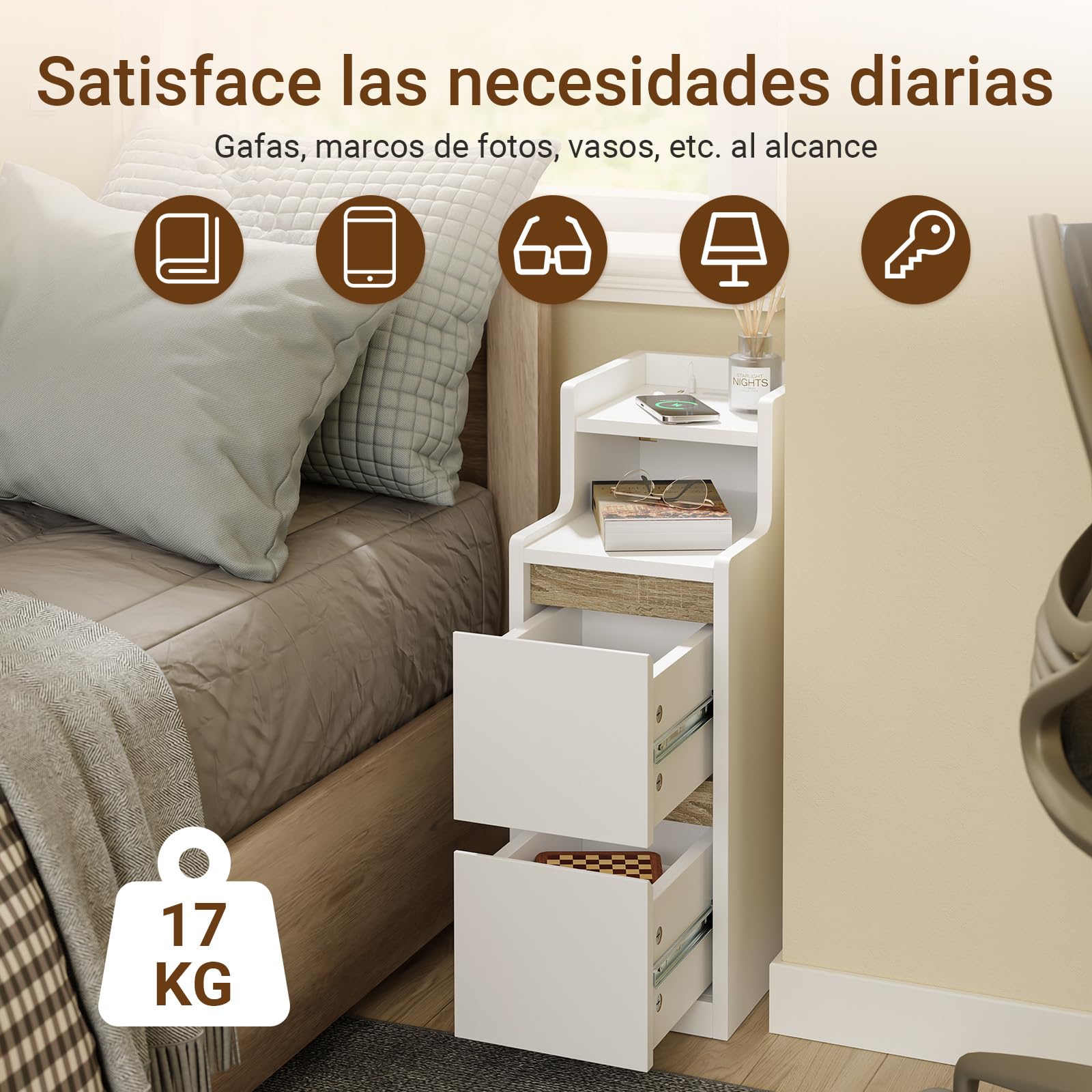 SoBuy mesita de Noche Estrecha con Carga y lámpara LED táctil, 22x34x60.5cm | 22cm Mesa auxiliar con USB & Type-C, barra LED regulable USB cable 1,8 m, zócalo y antivuelco, para dormitorio FBT178-E-WN