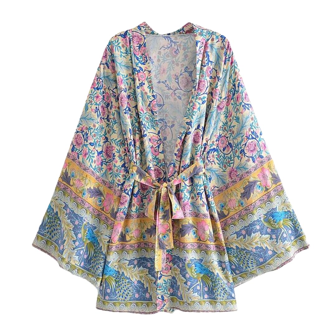 Disimlarl Kimono da spiaggia con stampa a pipistrello, da donna, con scollo a V, in cotone, corto, copricostume
