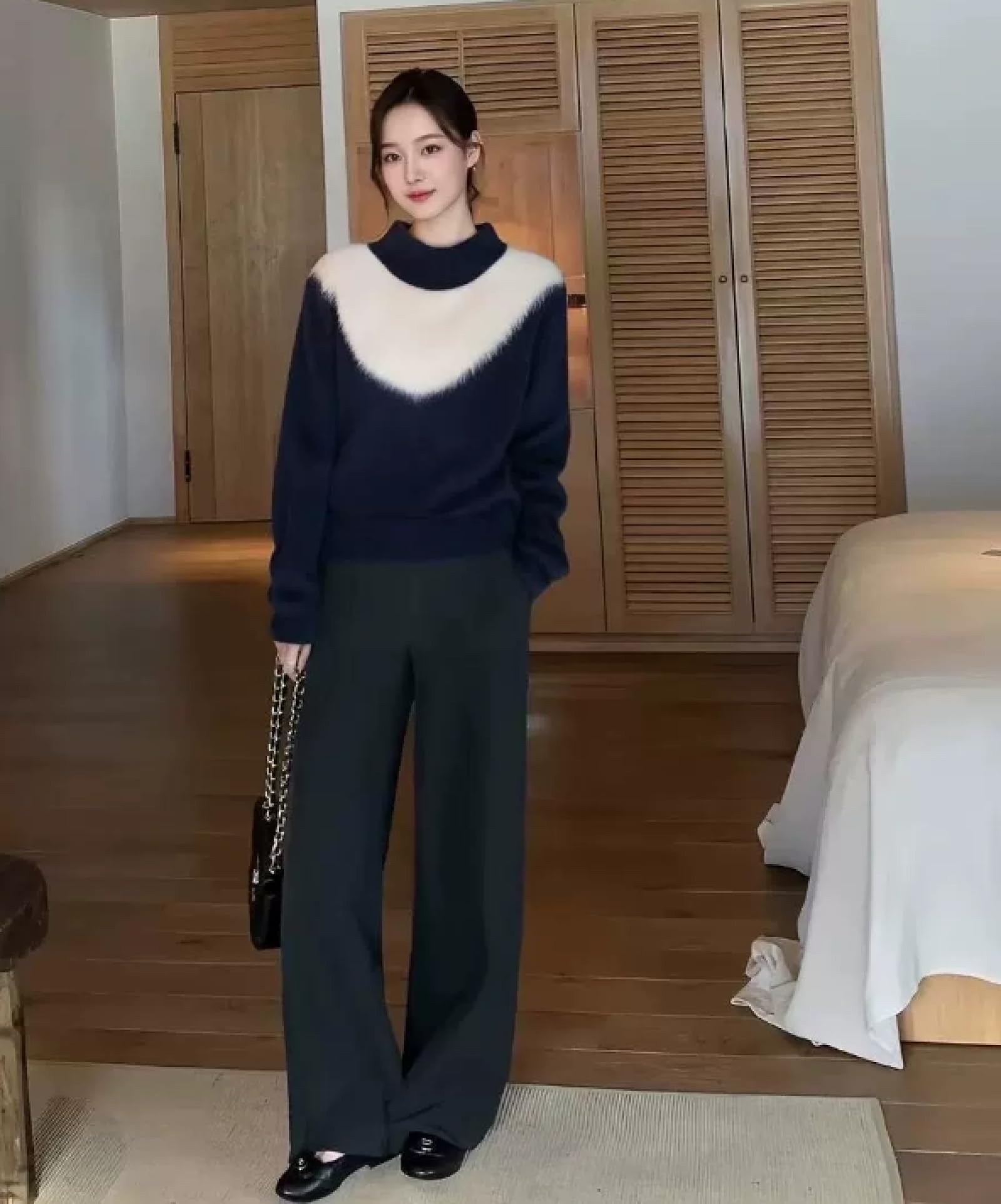Puszysty sweter z moheru dla kobiet, miękki, puszysty, szenilowy, granatowy, lekki, damski sweter z golfem, do pracy, luźny