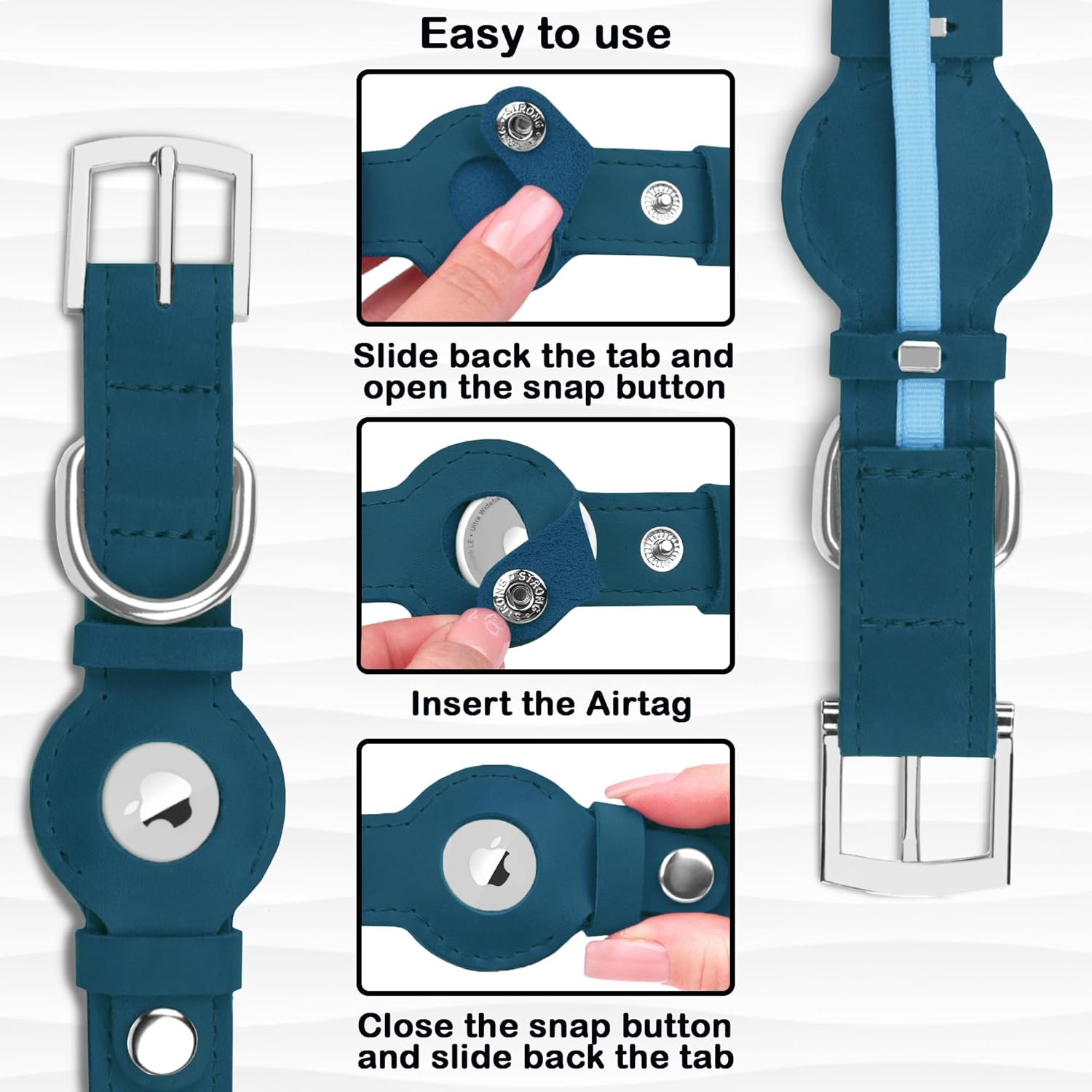 Leather Dog Collar with Airtag Holder - Apple Air Tag Dog Collars - Soft Tracking GPS Pet Collar for Small Medium Large Dogs Breed Puppy (Smoky Blue, M, 12"-15" Neck Fit)