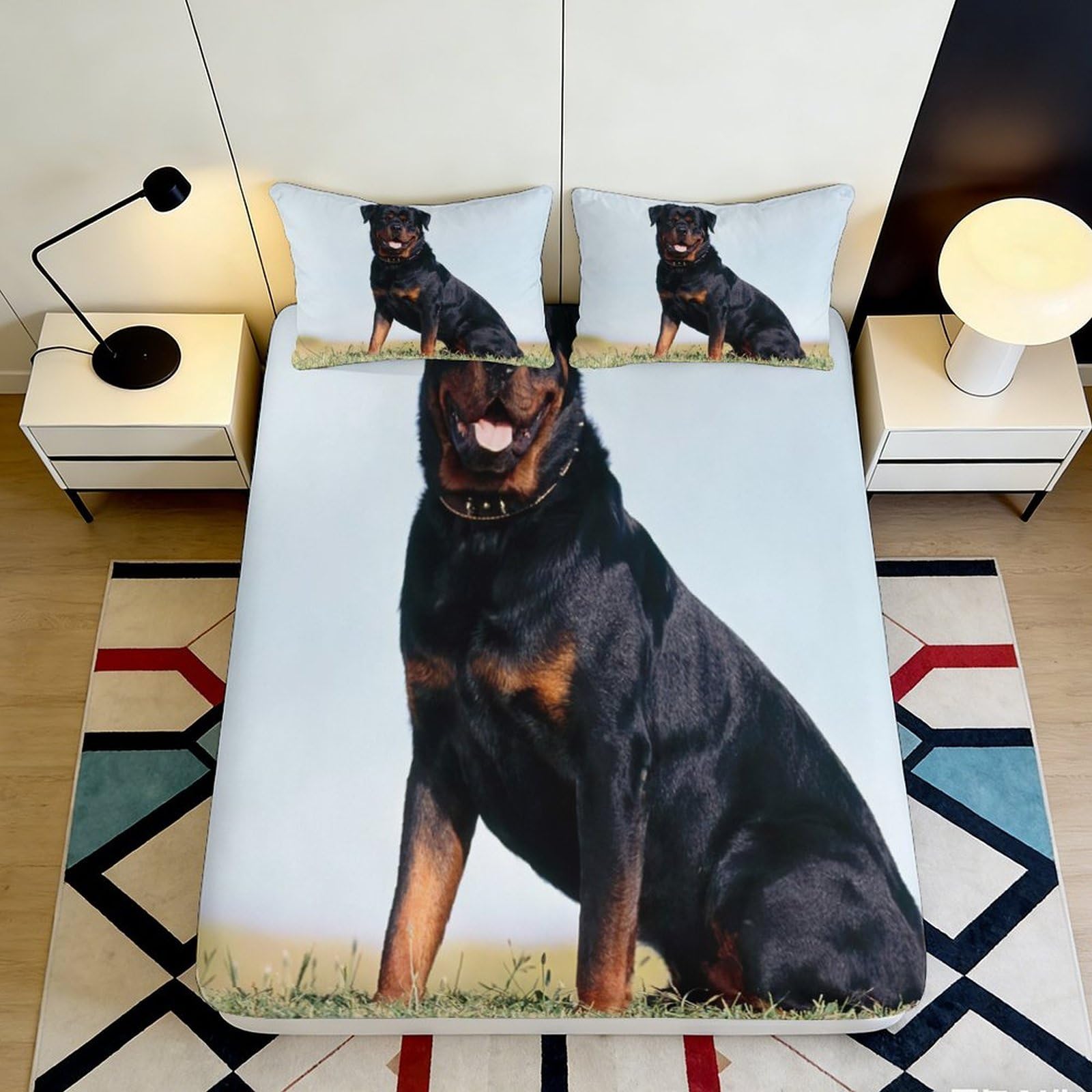 3D Printed Rottweiler Dog Fitted Sheet Microfiber Soft Anti-Slip Animal Art Mattress Cover for Bedroom Dorm Protection Decor 120x200x25cm
