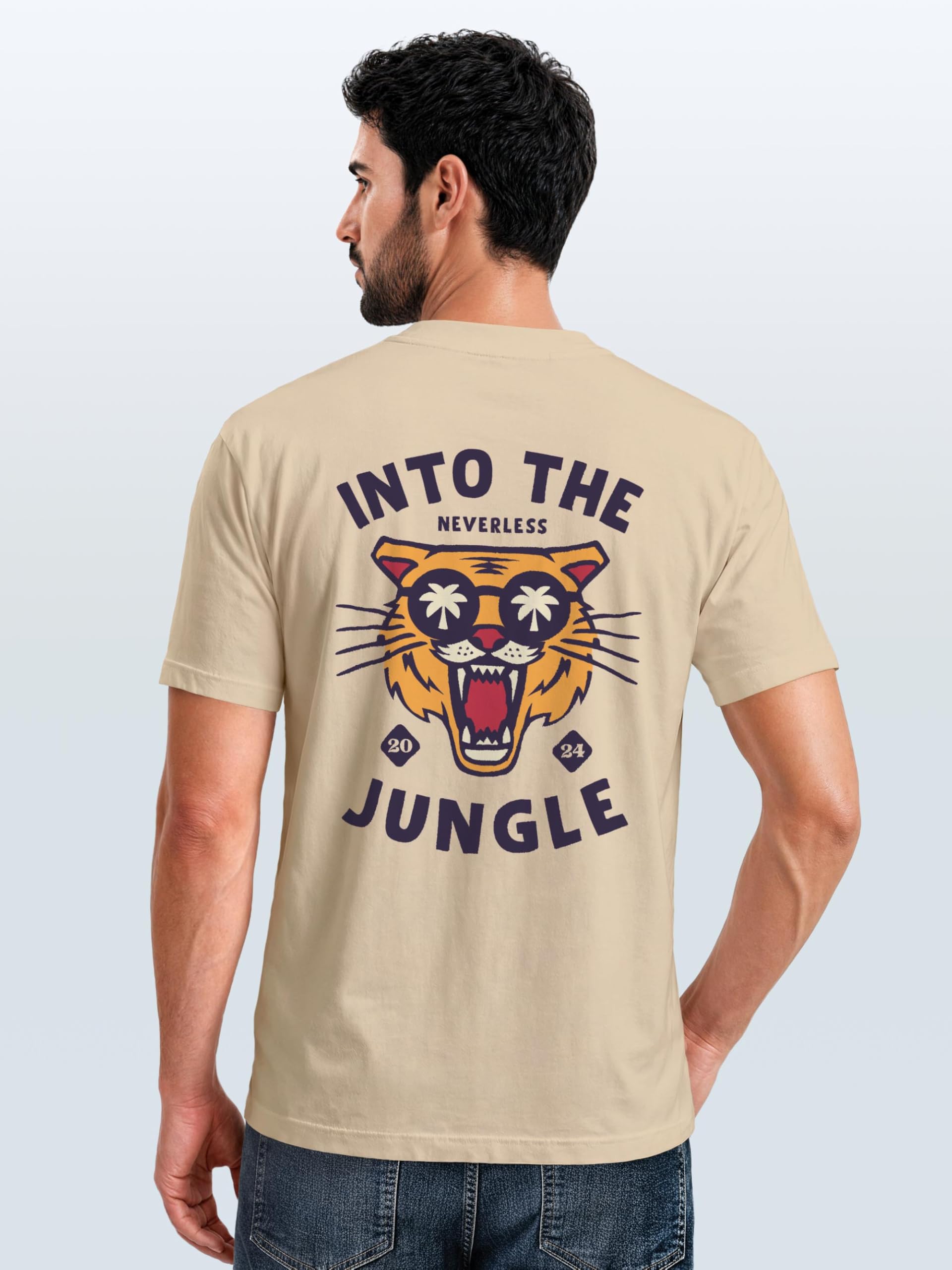 Neverless Maglietta da uomo Backprint Tiger con scritta Into The Jungle Palme Estate Retro Design Fashion Streetstyle