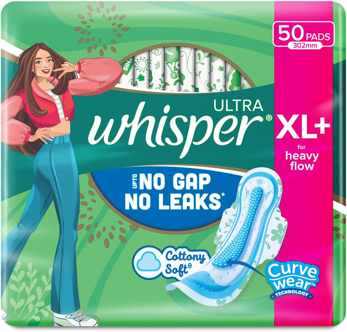 WHISPER ULTRA HYGIENE+COMFORT SANITARY PADS, 50 XL+ PADS, FOR HEAVY FLOW, LONG LASTING PROTECTION, LOCKS ODOUR & WETNESS, DRY TOP SHEET, DISPOSABLE WRAPPER