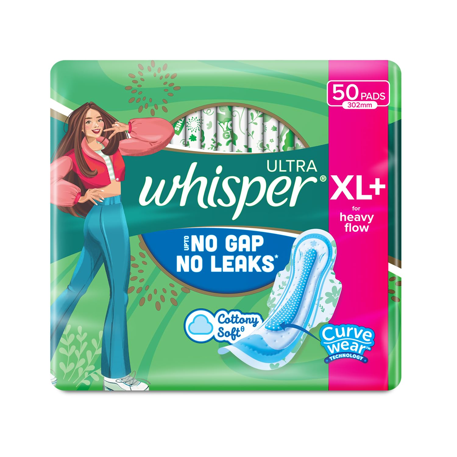 WHISPER ULTRA HYGIENE+COMFORT SANITARY PADS, 50 XL+ PADS, FOR HEAVY FLOW, LONG LASTING PROTECTION, LOCKS ODOUR & WETNESS, DRY TOP SHEET, DISPOSABLE WRAPPER