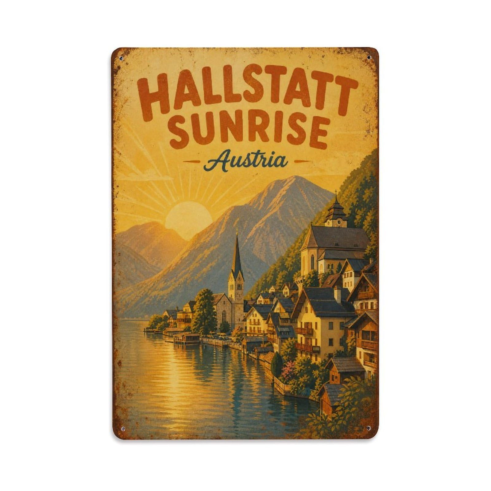 Gead 8X12inch Style Vintage Travel Hallstatt Austria Sunrise Metal Tin Sign