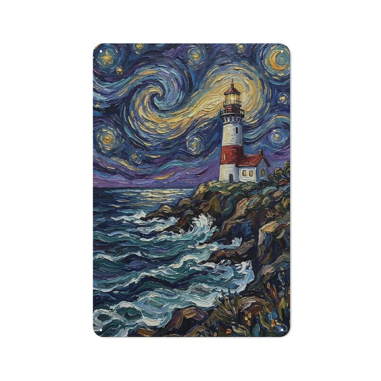 Junmoney Style-5 Starry Night Lighthouse Painting Rustic Metal Wall Sign 30X20cm For Bar Or Restaurant, A Decorative Metal Sign For Bars And Restaurants
