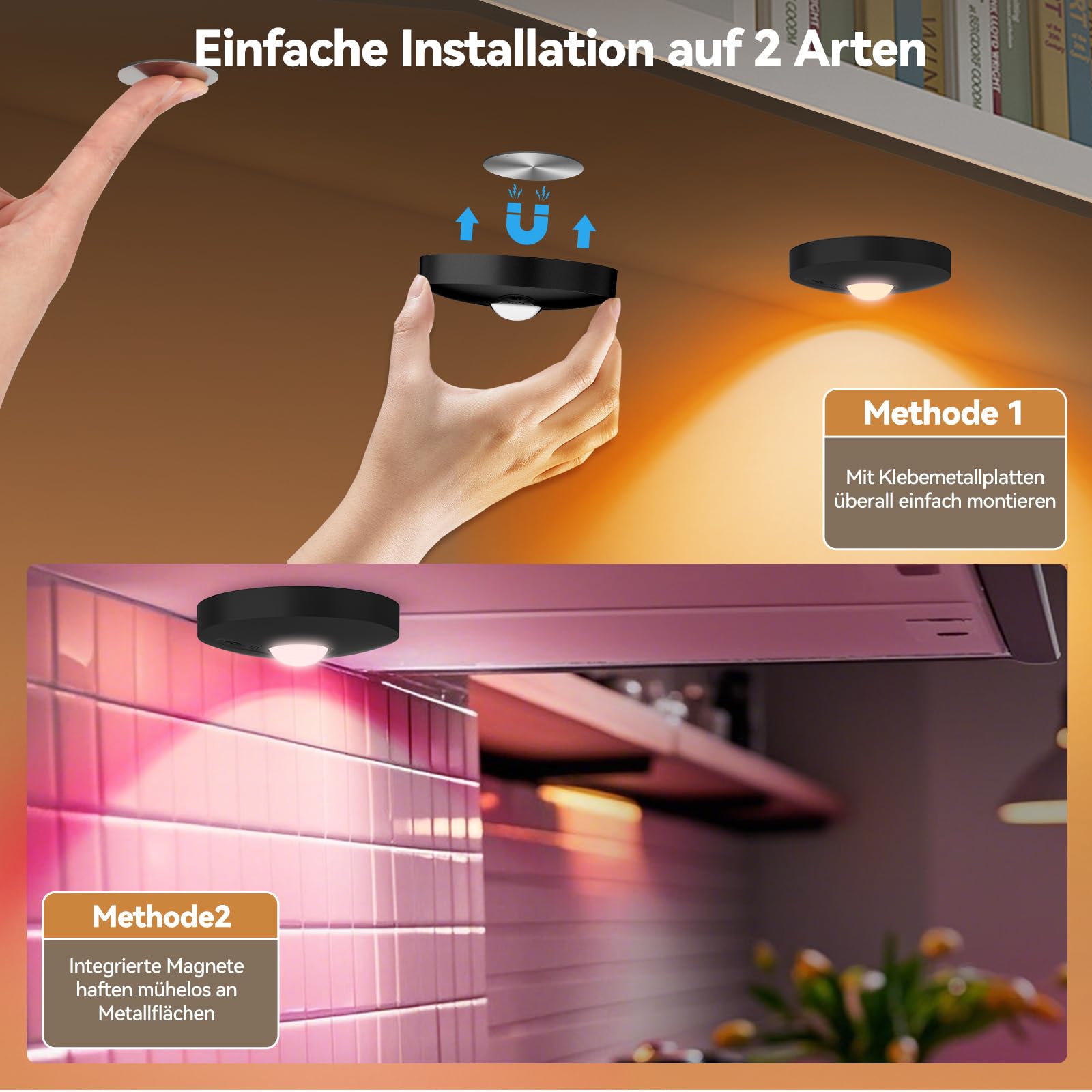 Schrankbeleuchtung Kabellos Akku USB, Unterschrank Beleuchtung Küche, Unterbauleuchte Küche LED Ohne Kabel, Vitrinenbeleuchtung Magnetisch, Puck Lights Mit Fernbedienung, Schwarz, 12 Stück,3-Farbe-RGB
