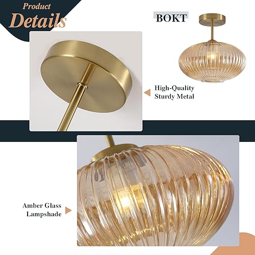Miniatura 4 de BOKT Lámpara de techo semiempotrada de latón cepillado vintage, lámpara colgante de vidrio acanalado ámbar de mediados de siglo, moderna dorada para