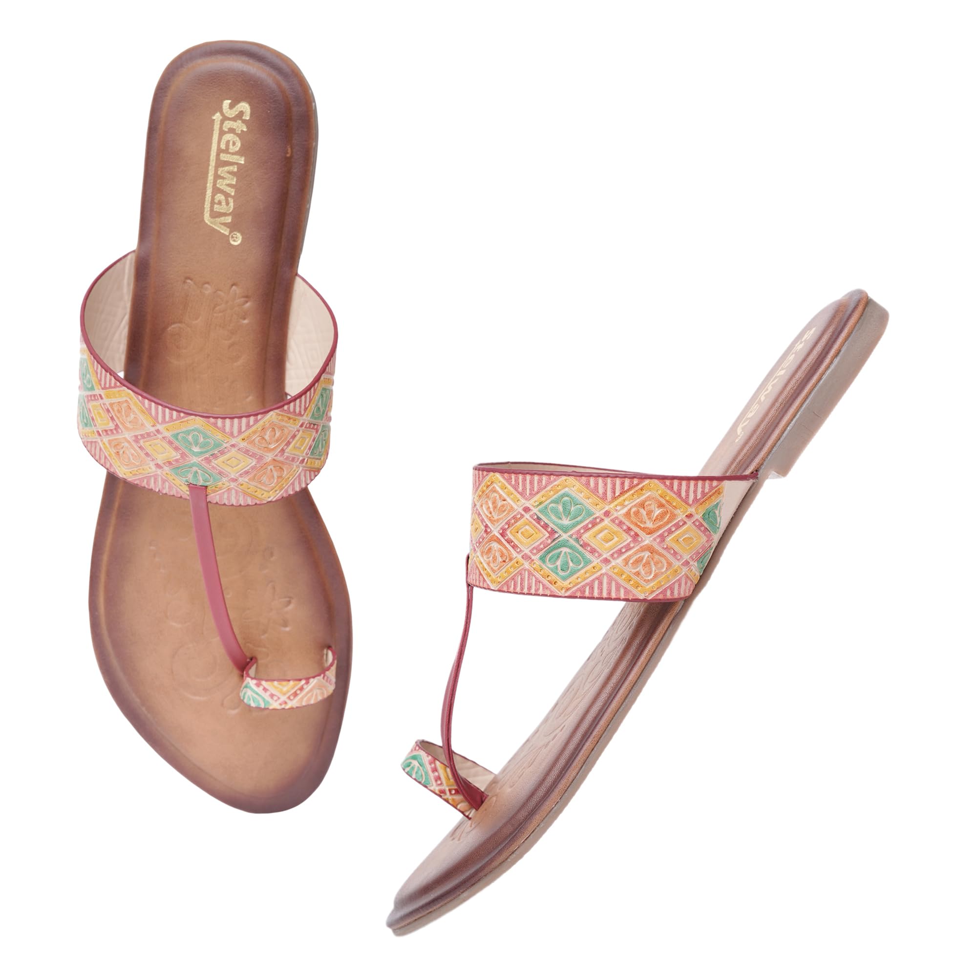 Women’s Kolhapuri Flats | Ethnic Indian Colour Block Pattern Brown Chappal | Comfortable Slip-On Sandals for Casual & Ethnic Wear-image-15