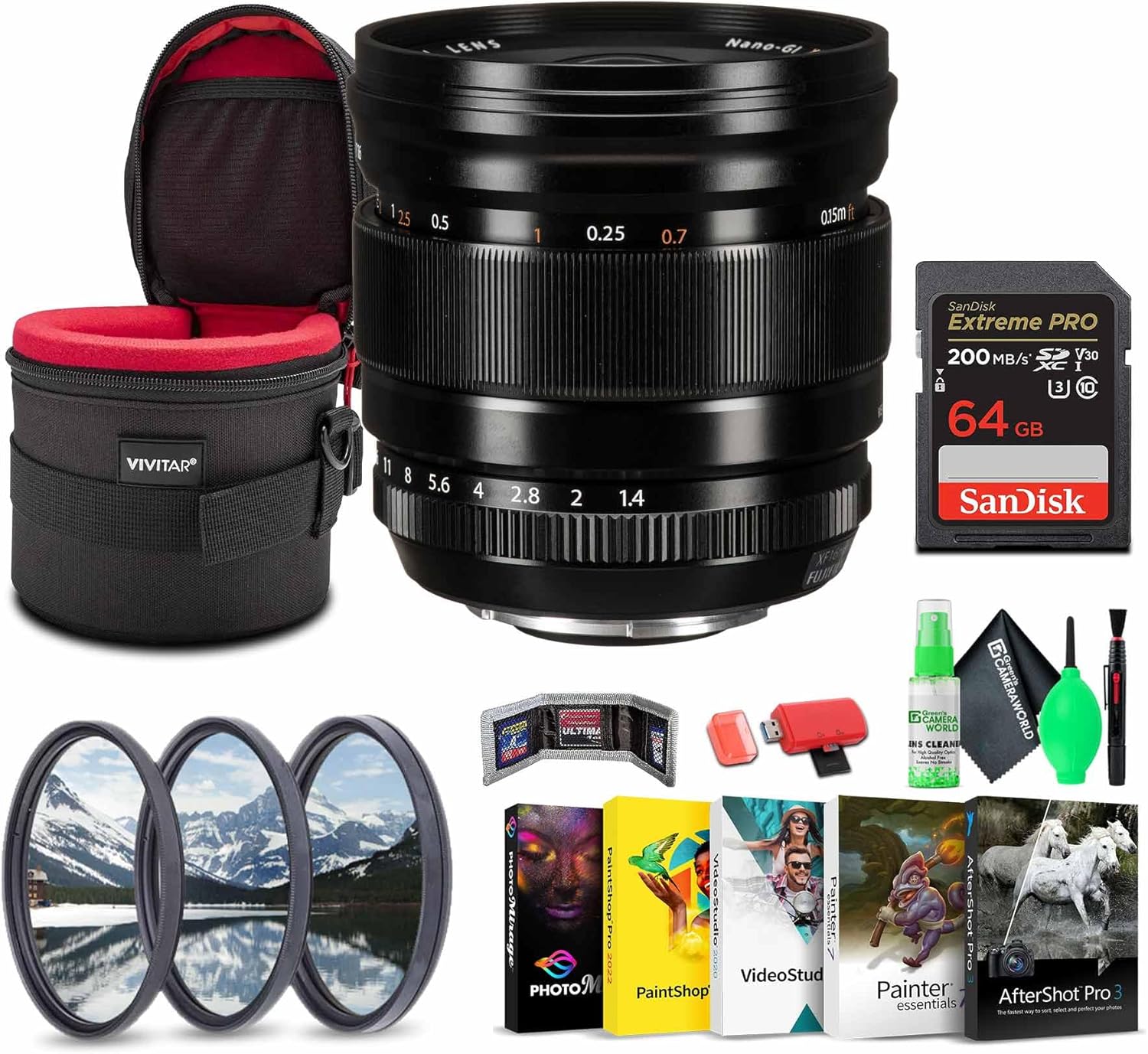 FUJIFILM XF 16mm f/1.4 R WR Lens Bundle with Greens Lens Cleaning Kit + 32 GB Memory Card + Lens Case and MC PRO Filter + Corel Photo, Video, & Art Suite Deluxe Editing Software
