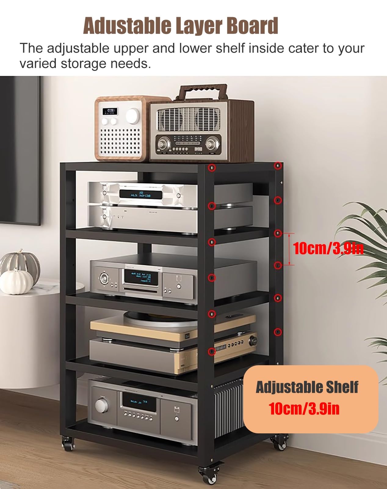 Armoire à roulettes robuste à 5 niveaux pour matériel audio/home cinéma et composants audio, hauteur 110 cm