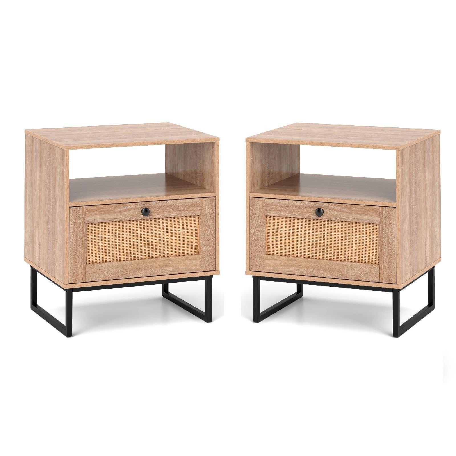 COSTWAY 1/2 Mesitas de Noche de Ratan, Cajón y Estante Abierto, Mesillas de Noche Bohemio con Patas Metálicas, Mesa Auxiliar Dormitorio Salon Sofa, 48 x 39 x 54,5 cm, Natural (2)