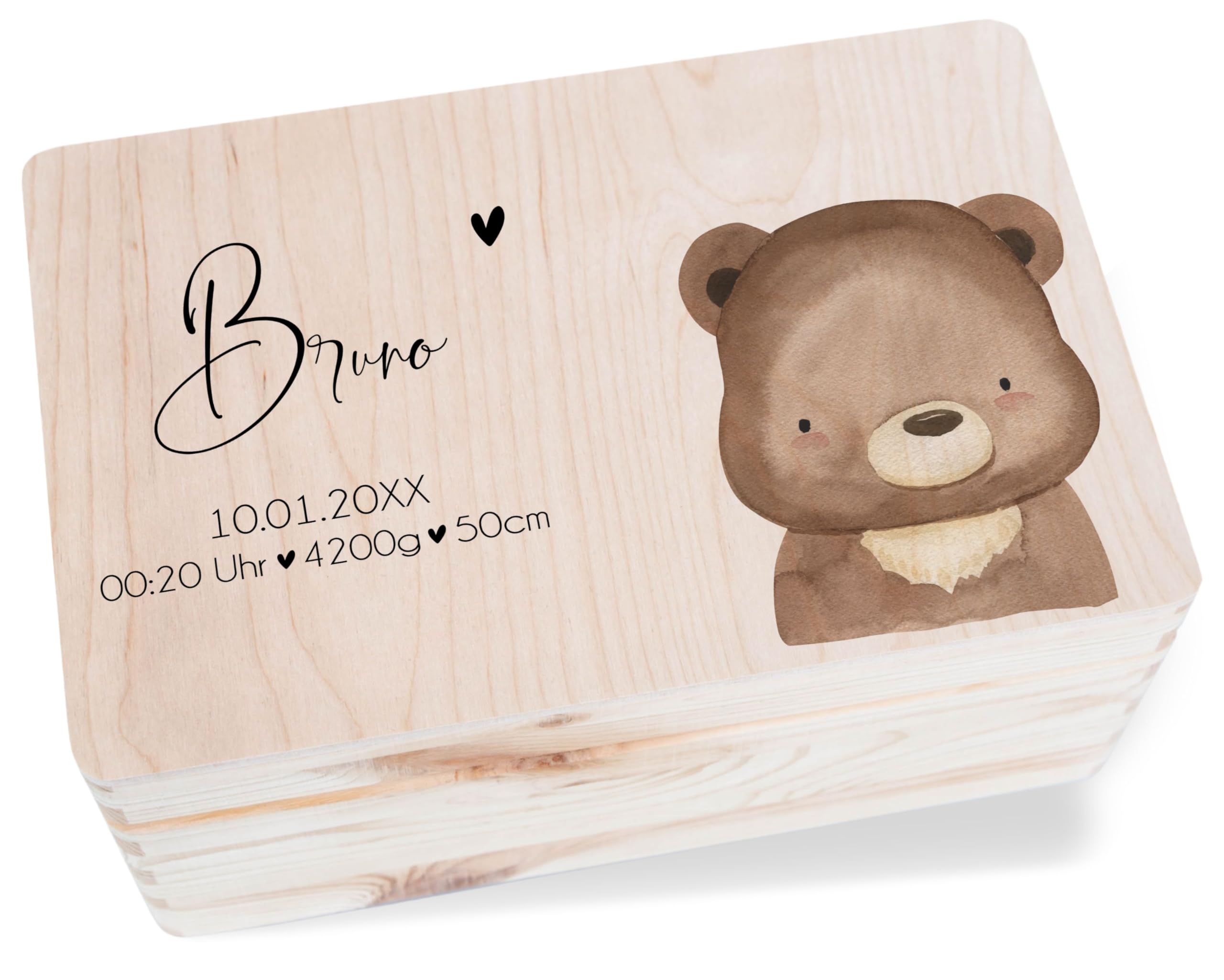 Holz Erinnerungsbox Geschenkbox - Geschenk Geburt Süßer Bär personalisiert I Baby Junge Geschenk Geburt I Holzkiste Geschenk Geburt I Geschenk Baby zur Geburt - 30 x 20 x 14 - Holz - babybox name