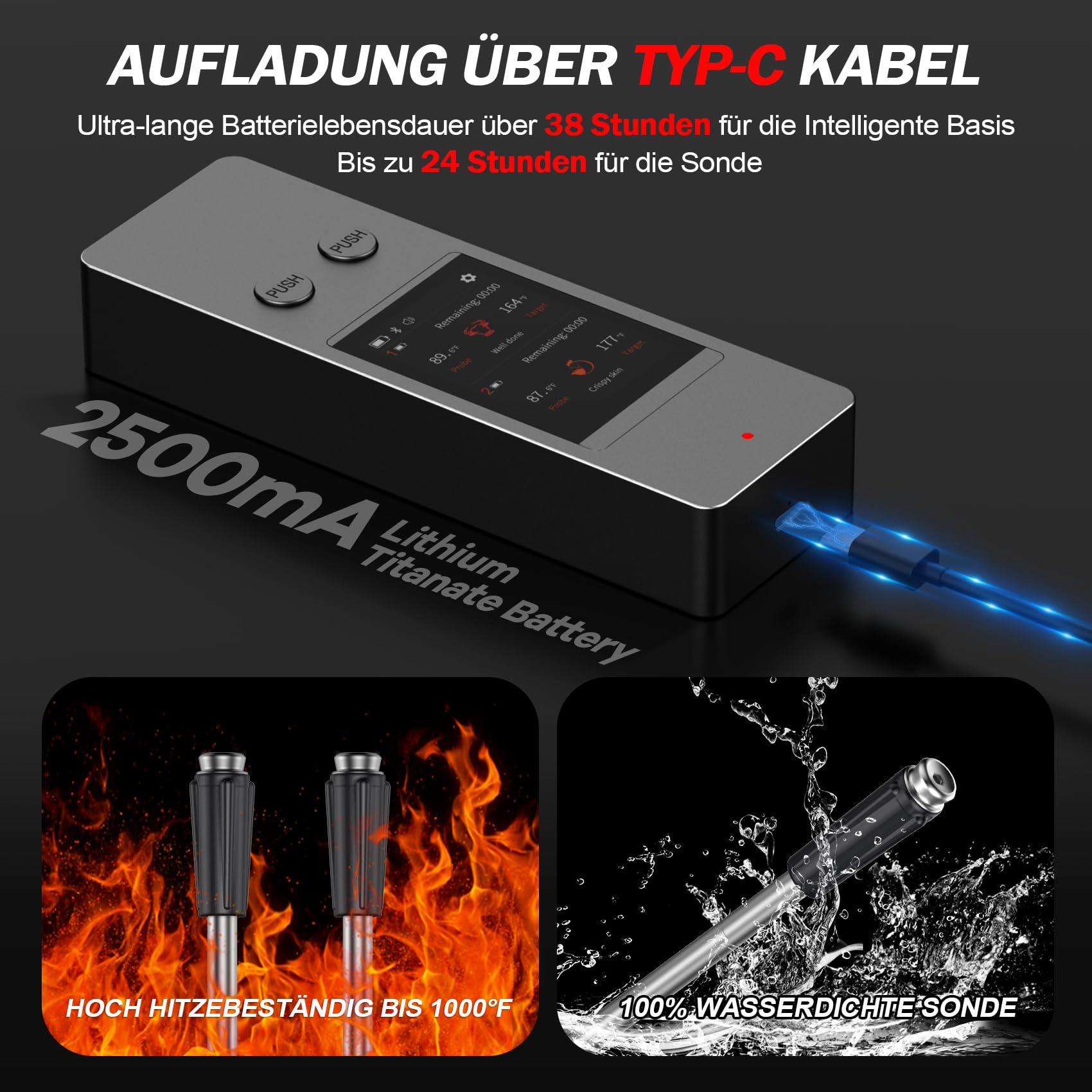 Fleischthermometer Kabellos Bratenthermometer Grillthermometer mit 2 ultradünnen Fühlern, großem Touchscreen, IP67 wasserdichtes Smarte Küchenthermometer für Grill, BBQ, Smoker