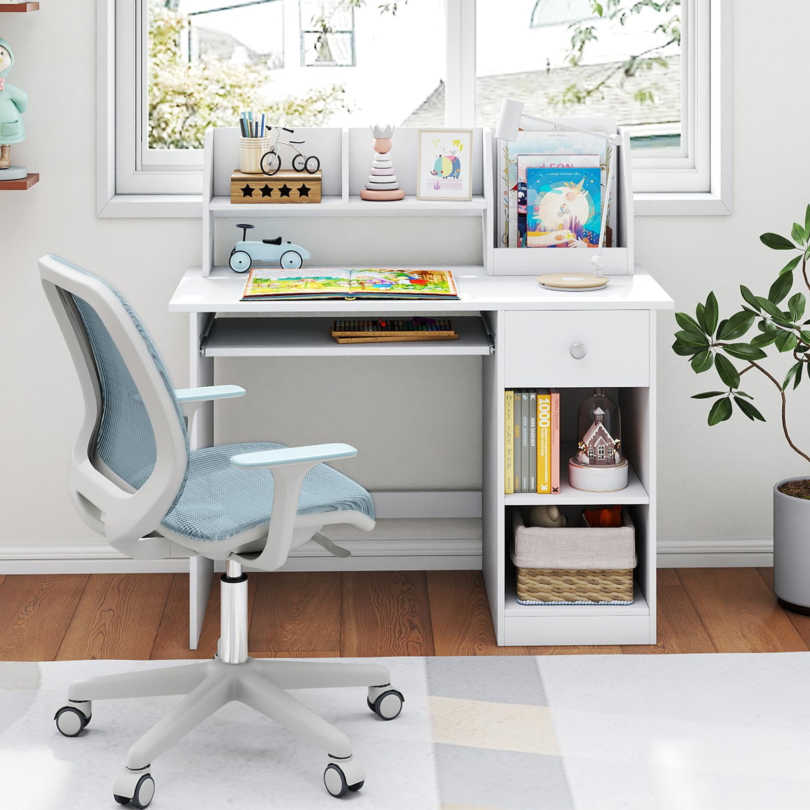 GOPLUS Bureau Enfant 3 en 1 avec Rangement, Tiroir et Étagères, Table Enfant en Bois 90x45x90CM Blanc